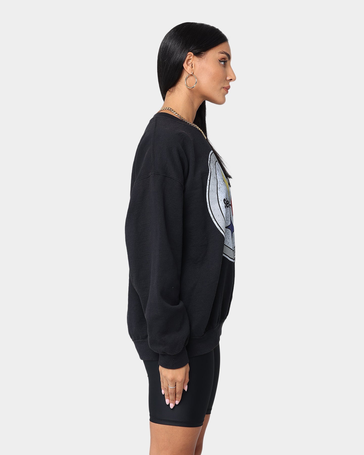 Mitchell and Ness Oversized Extra Large Print Steelers Crewneck Vintage Black Style001