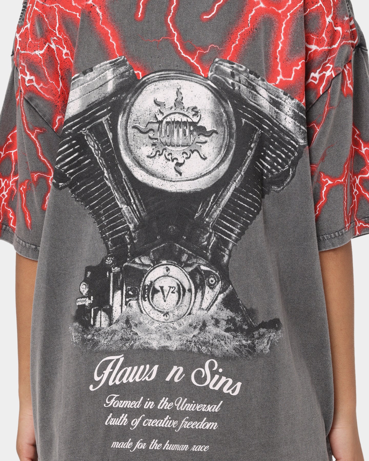 Loiter Lightning Motor Vintage T-Shirt Charcoal/Red Style001