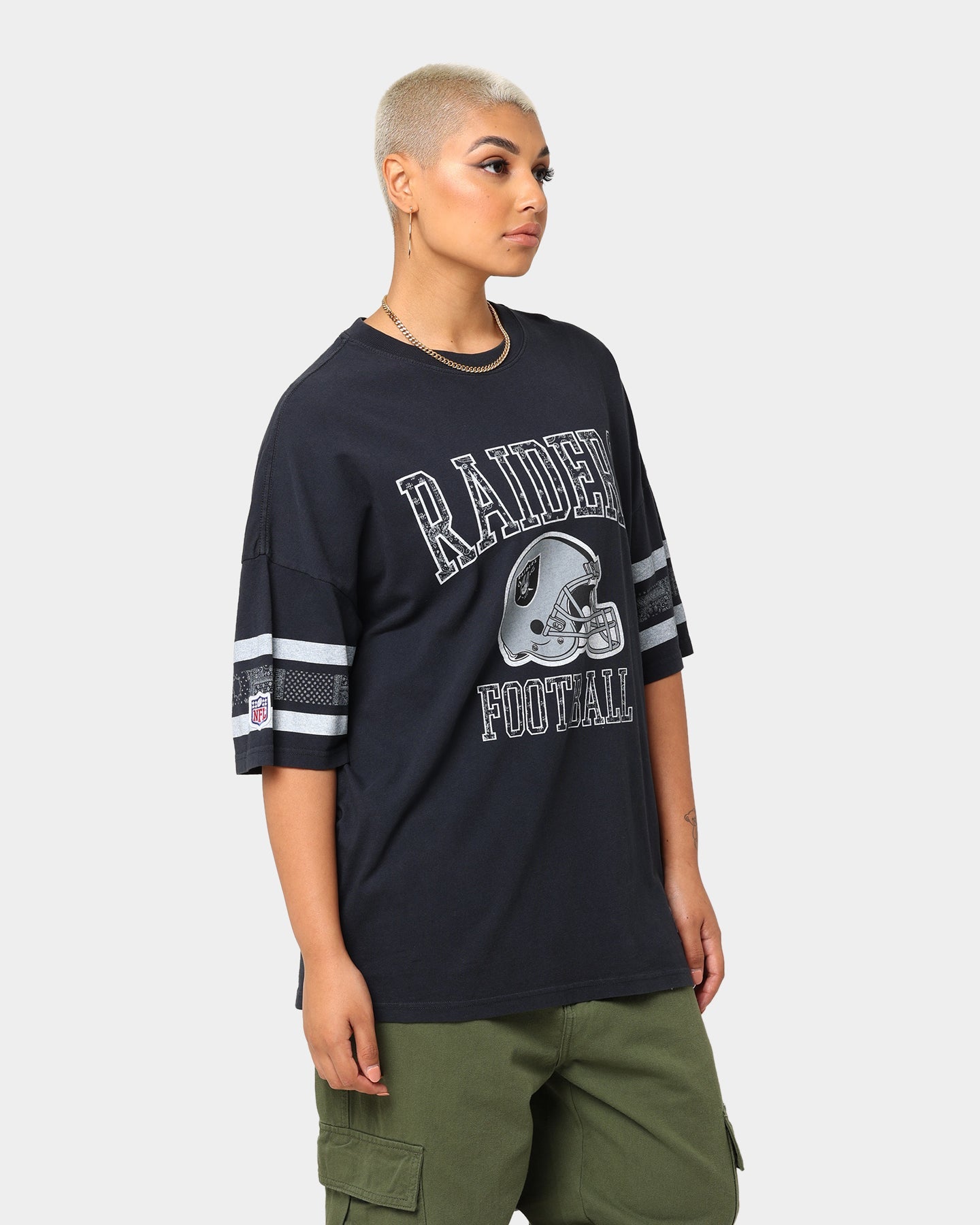 Majestic Athletic Las Vegas Raiders Stripe Vintage T-Shirt Faded Black Style001