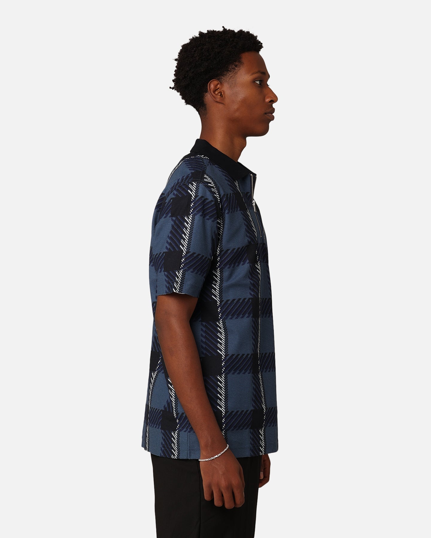 Fred Perry Glitch Tartan Zip Neck Polo Shirt Midnight Blue