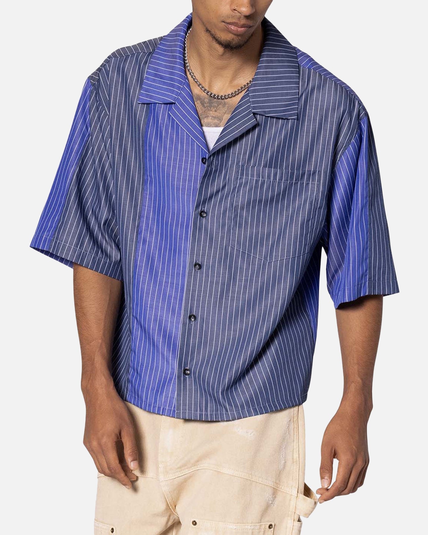 MNML Cropped Panel Stripe Shirt Blue
