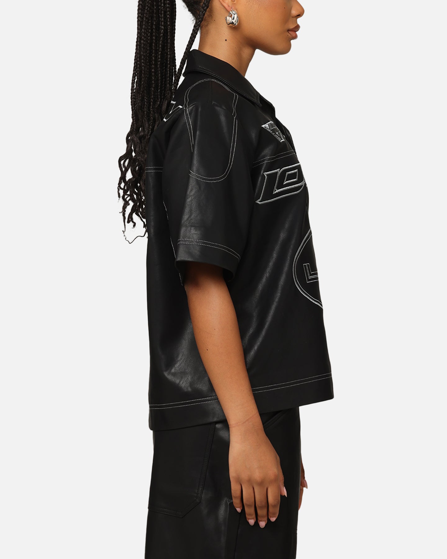 Loiter Motor PU Leather Button Up Shirt Black Style001