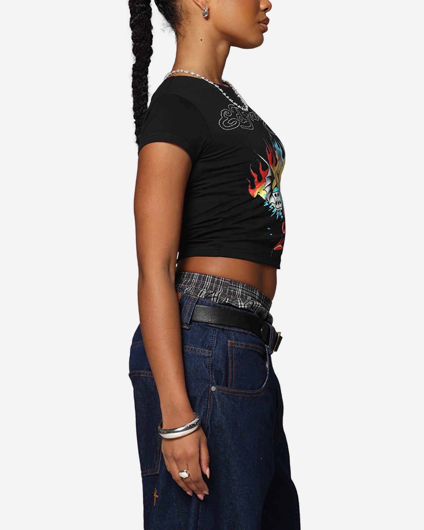 Ed Hardy Women's Flame Roll Baby T-Shirt Black