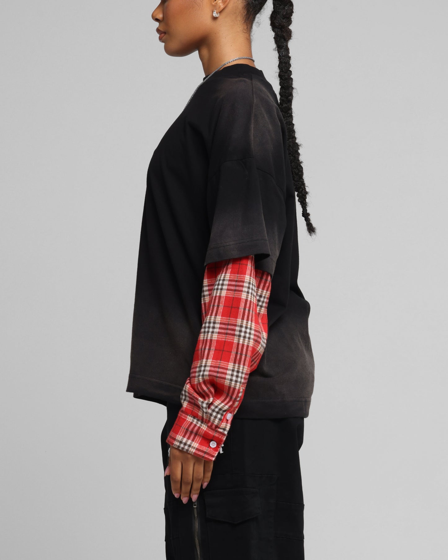Loiter Layered Flannel T-Shirt Black/Red Style001