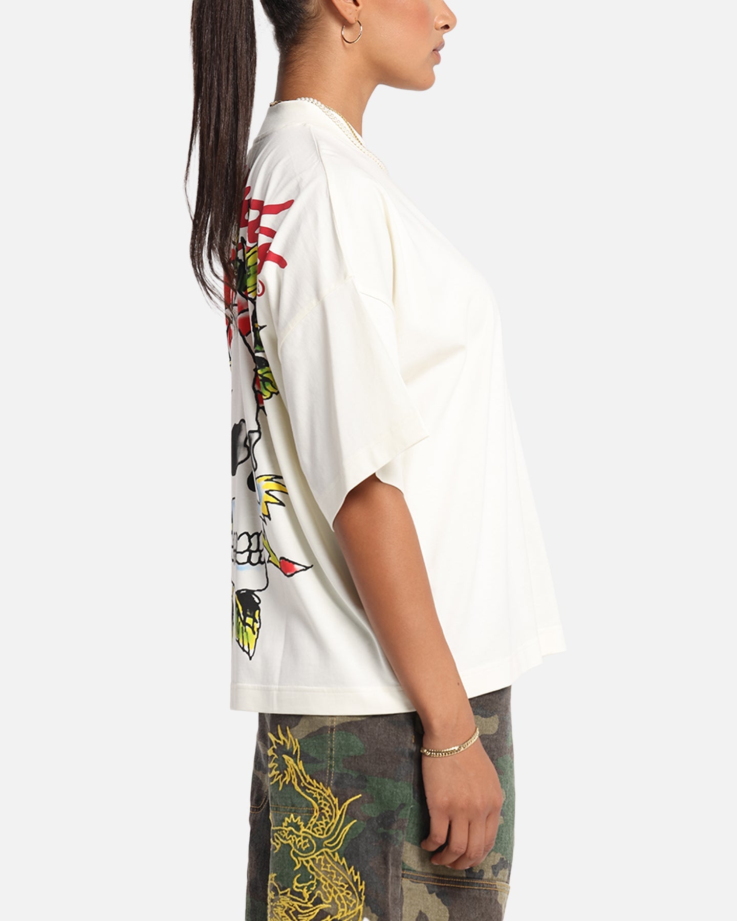 Ed Hardy Rose Skull Oversized Print T-Shirt Off White Style001