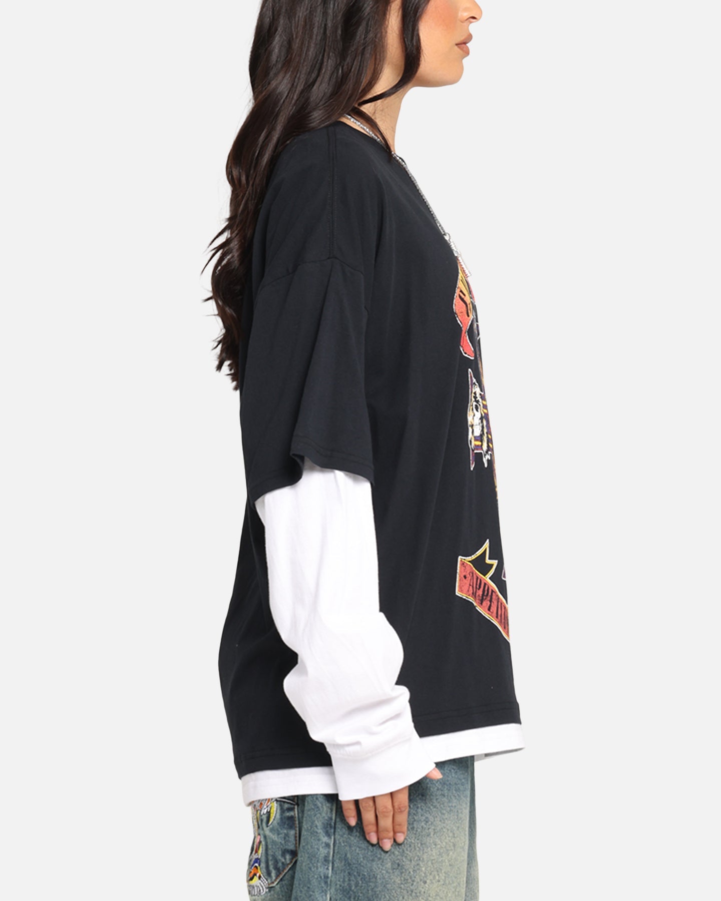 G N Roses Roses Layered Long Sleeve T-Shirt Black Wash Style001