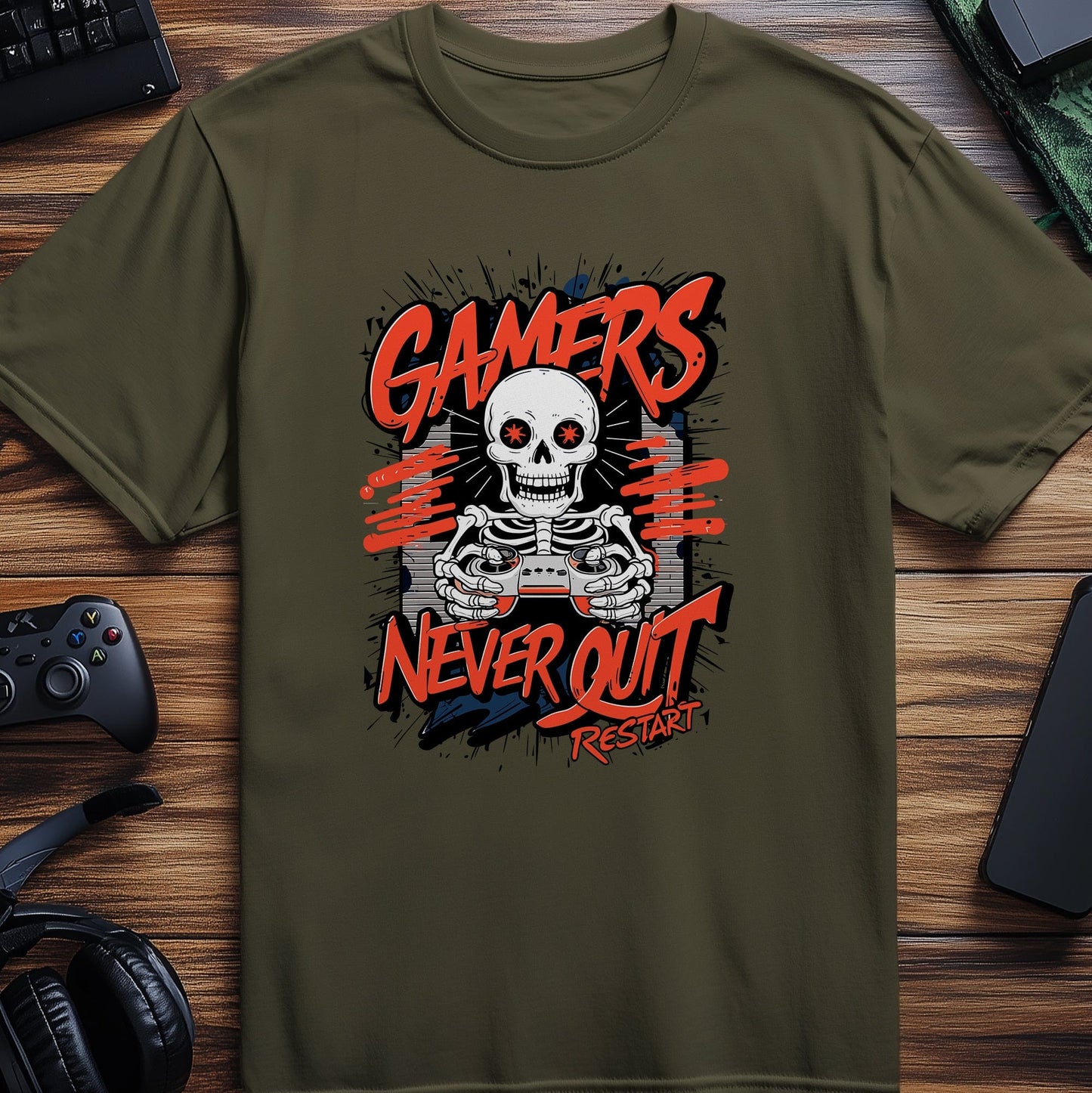 Gamer84 Skeleton Gamers Never Quit T-Shirt