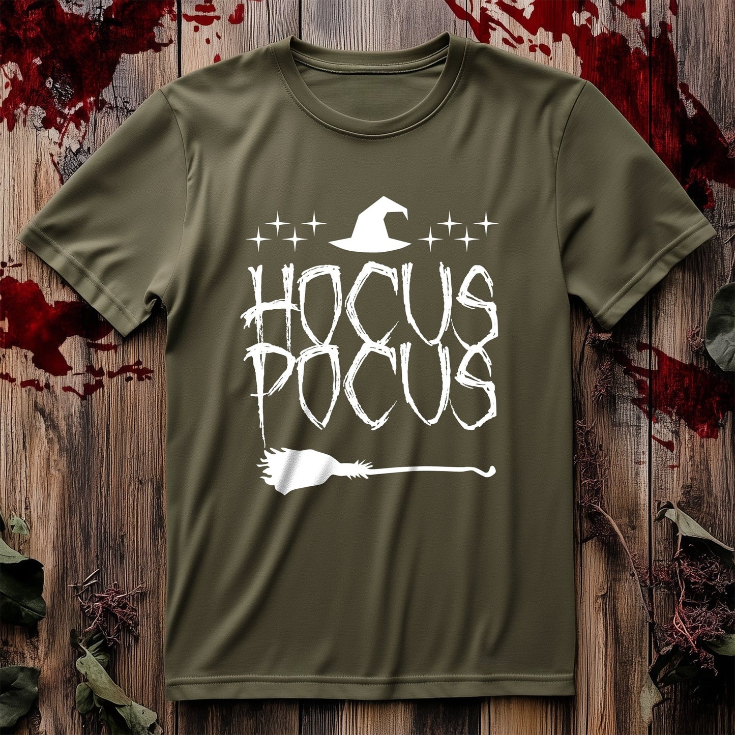 Hocus Pocus Text With Broom T-Shirt -