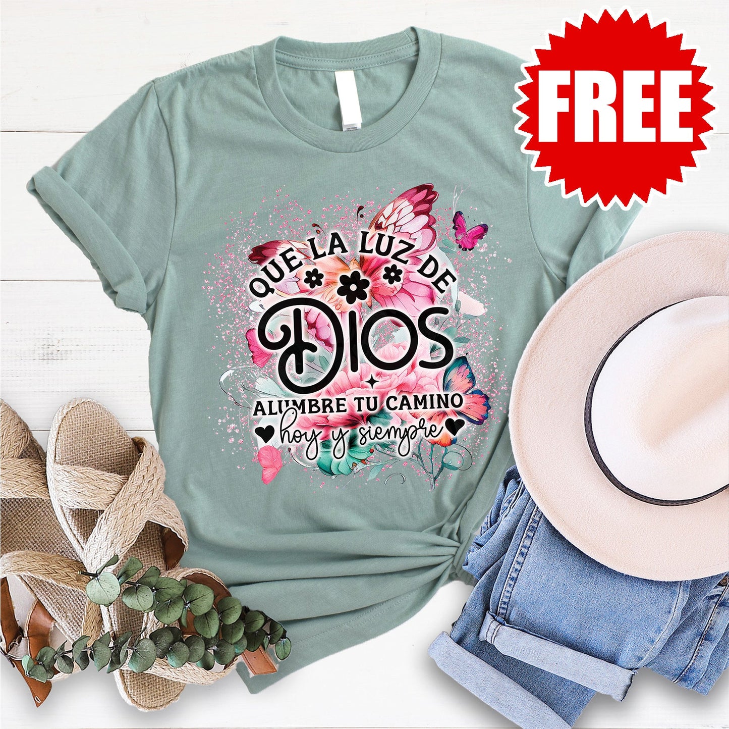 Que La Luz De Dios Tee - Heather Sage - 0