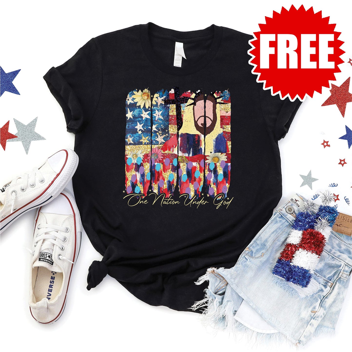 One Nation Under God Flag Tee - Heather Black - 0