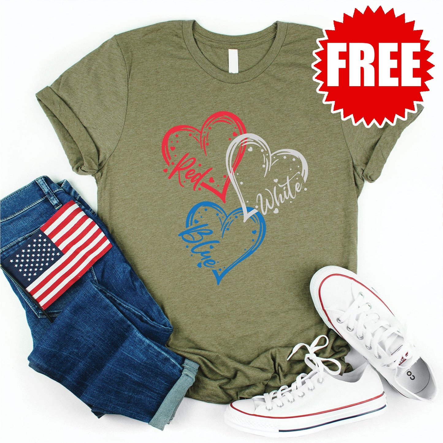 Red White Blue Tee - Heather Olive - 0