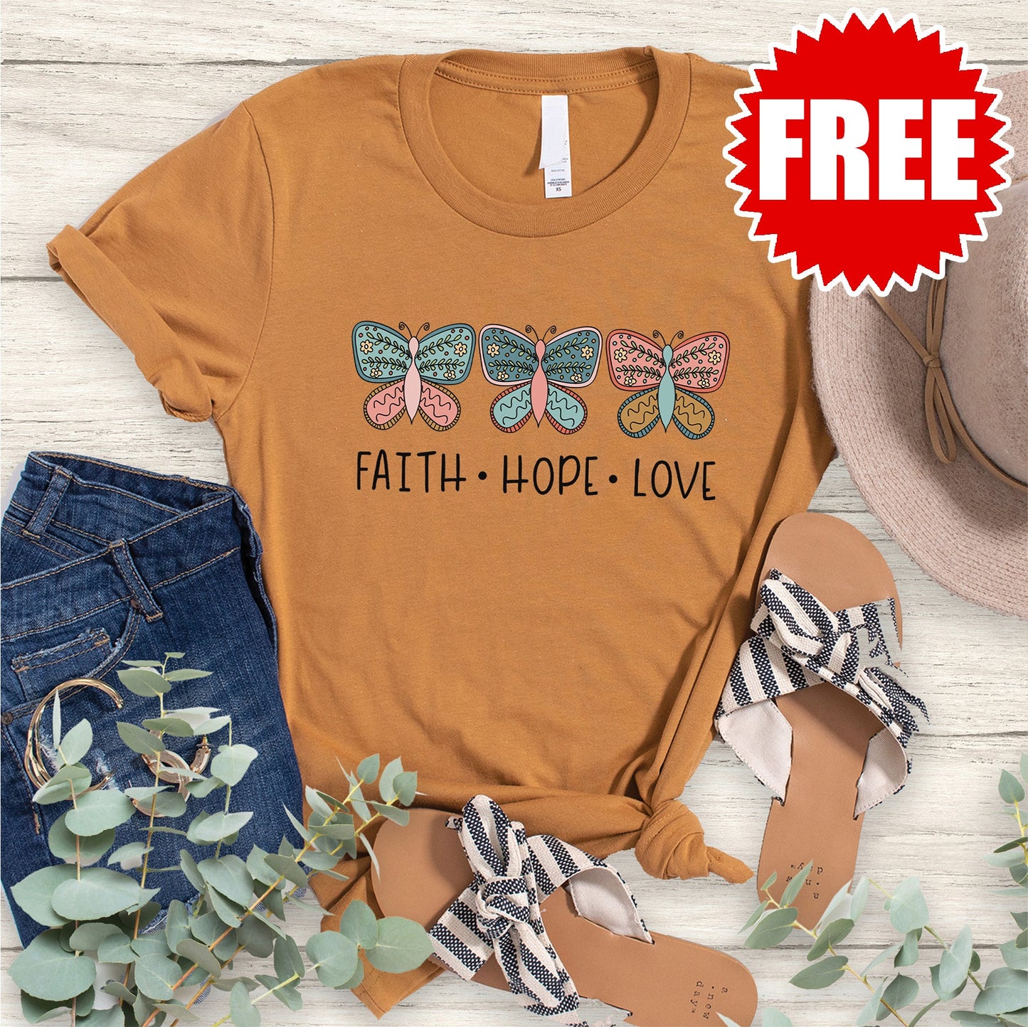 Faith Hope Love Butterflies Tee - Heather Toast - 0