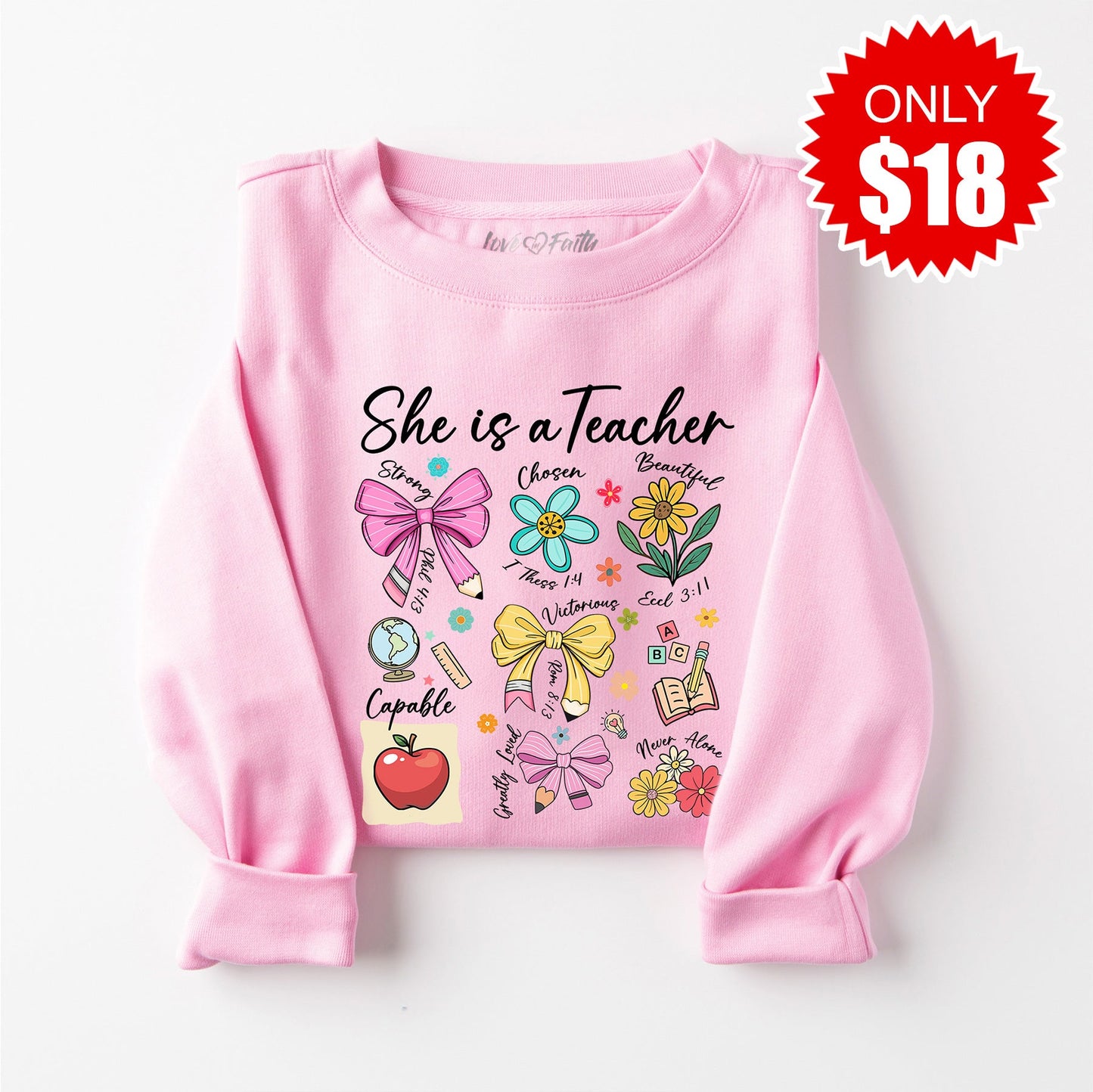 She Is Teacher Sweatshirt - Heather Bubble Gum - 18