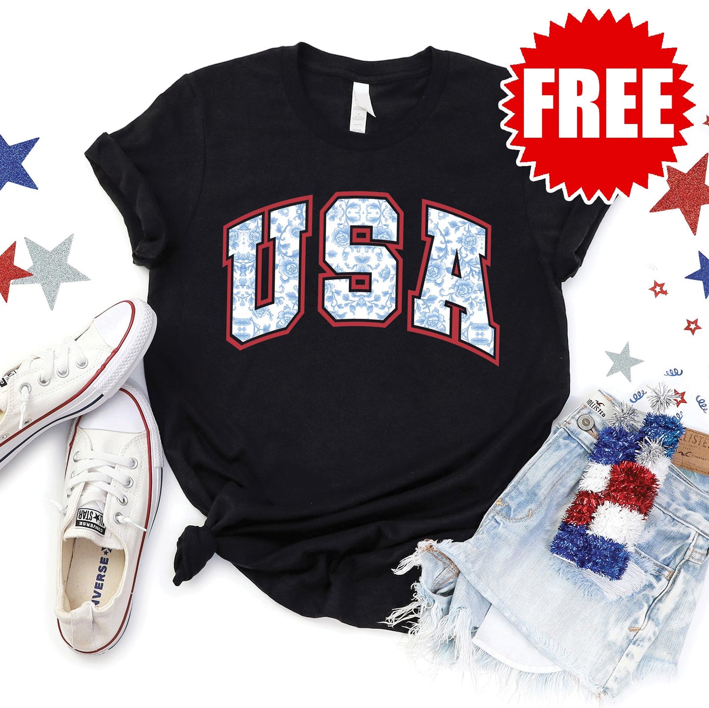 USA Floral Tee - Black - 0