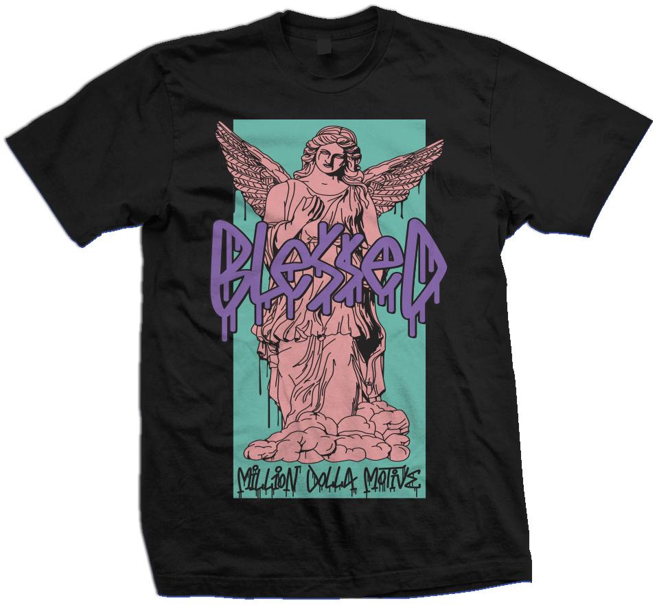 Blessed Angel - Hyper Jade/ Bleached Coral/ Space Purple on Black T-Shirt