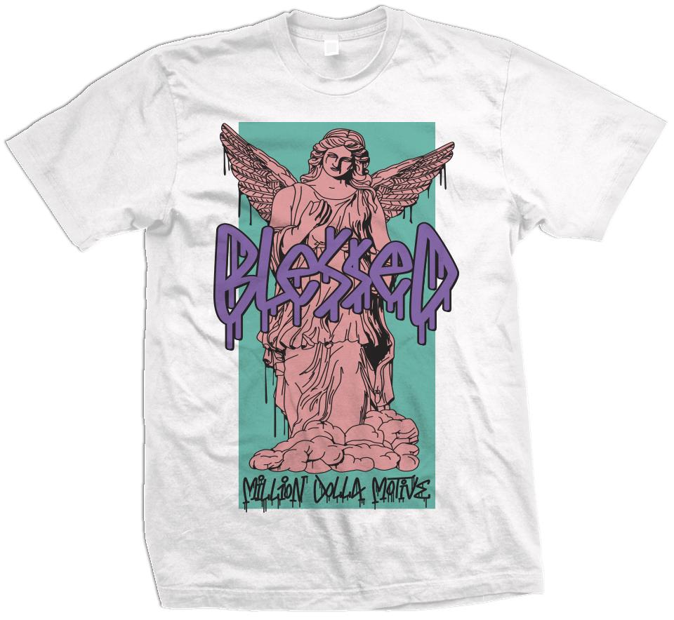 Blessed Angel - Hyper Jade/ Bleached Coral/ Space Purple on White T-Shirt
