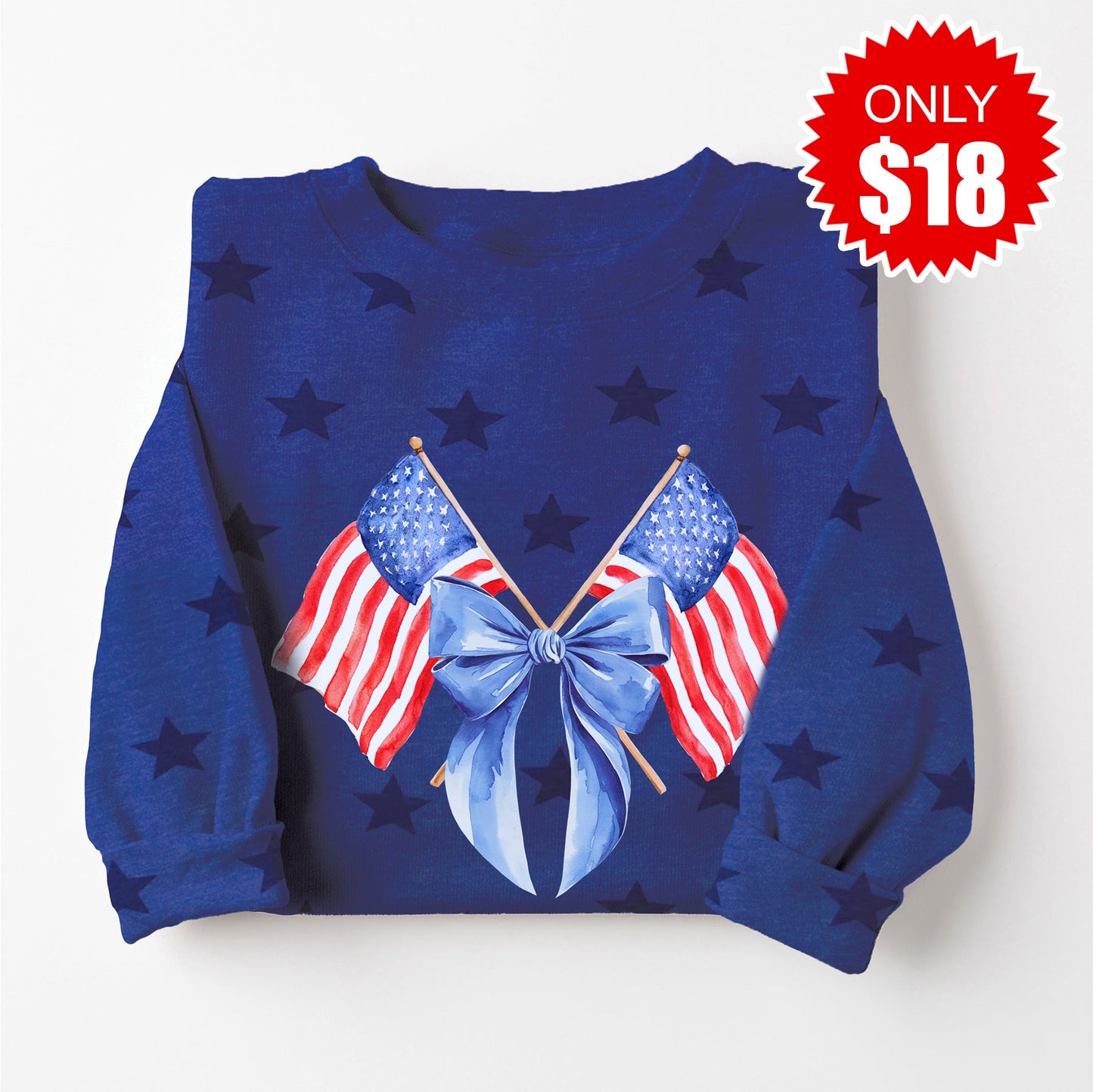 USA Flag Bow Sweatshirt - Blue Star Print - 18