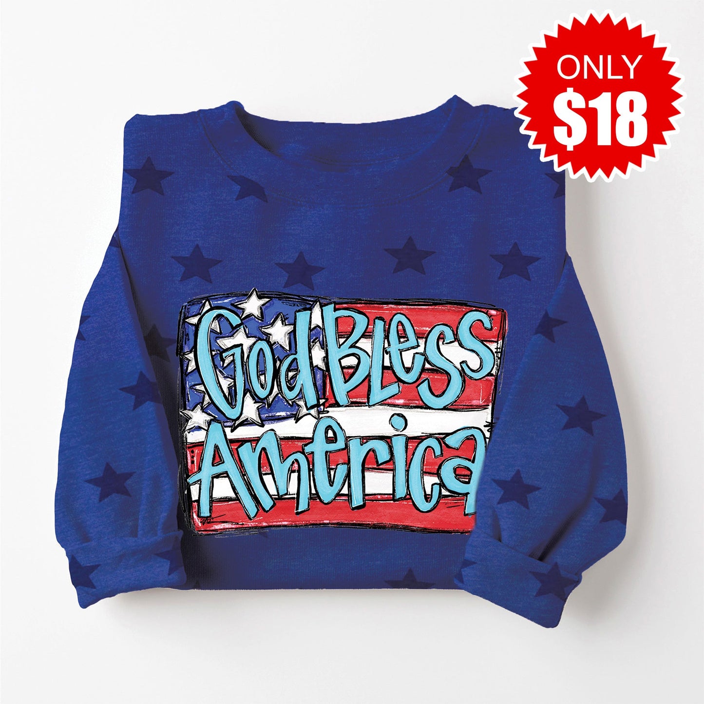 God Bless America Flag Sweatshirt - Blue Star Print - 18