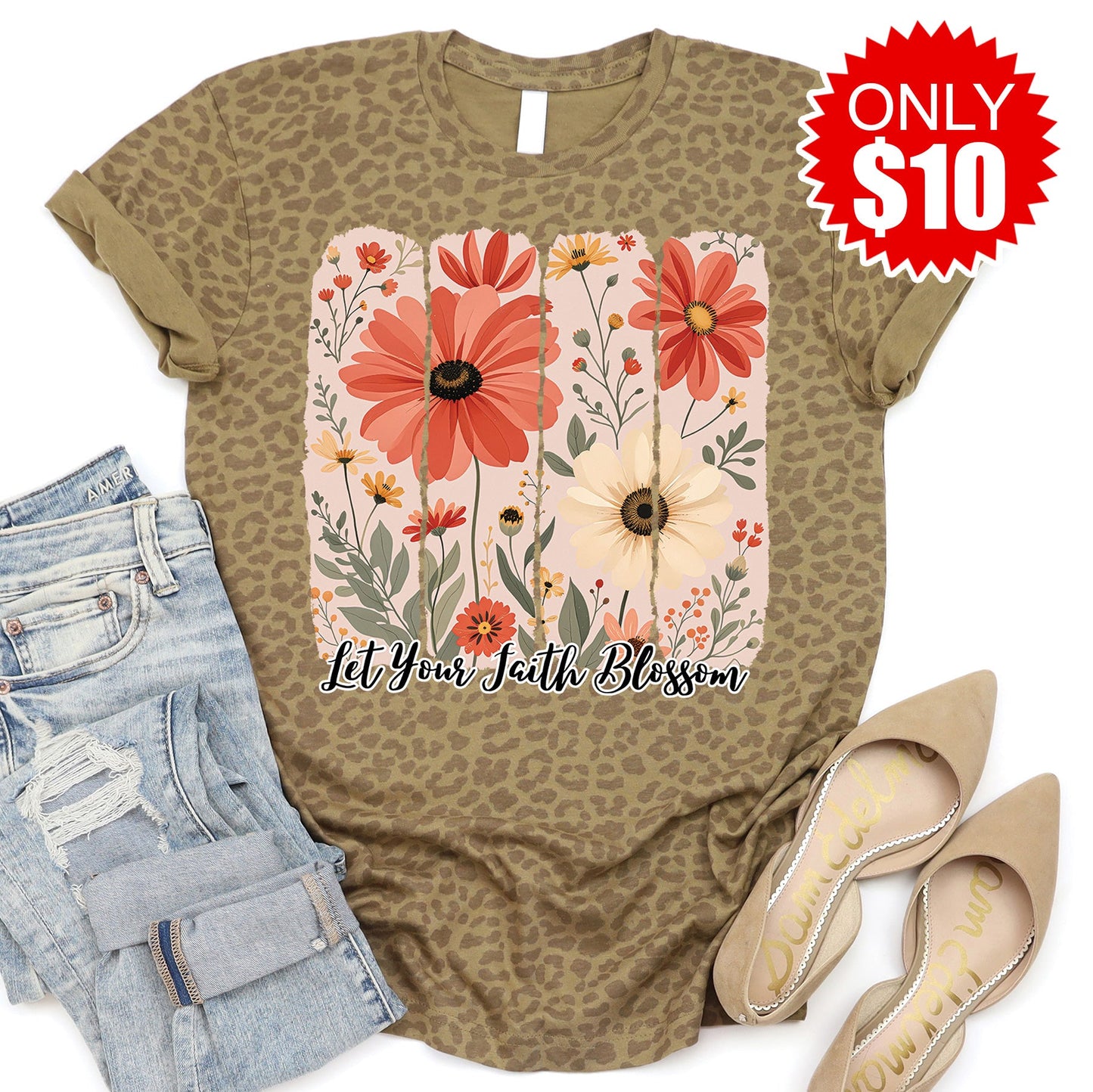 Let Your Faith Blossom Tee - Brown Leopard