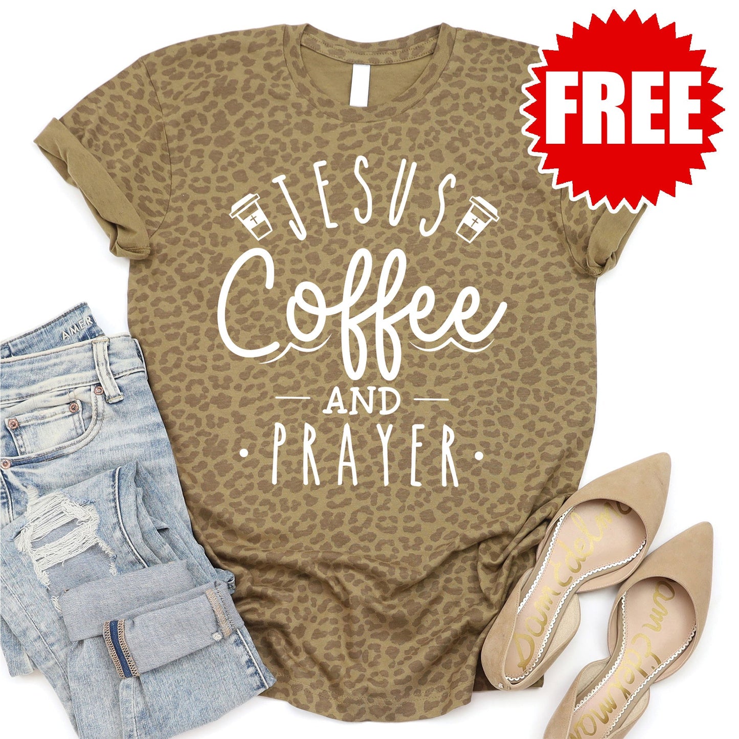 Jesus Coffee Prayer Tee - Brown Leopard - FREE