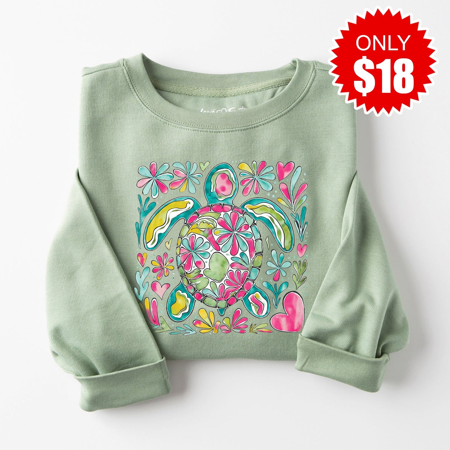 Turtle Floral Sweatshirt - Heather Sage - 18