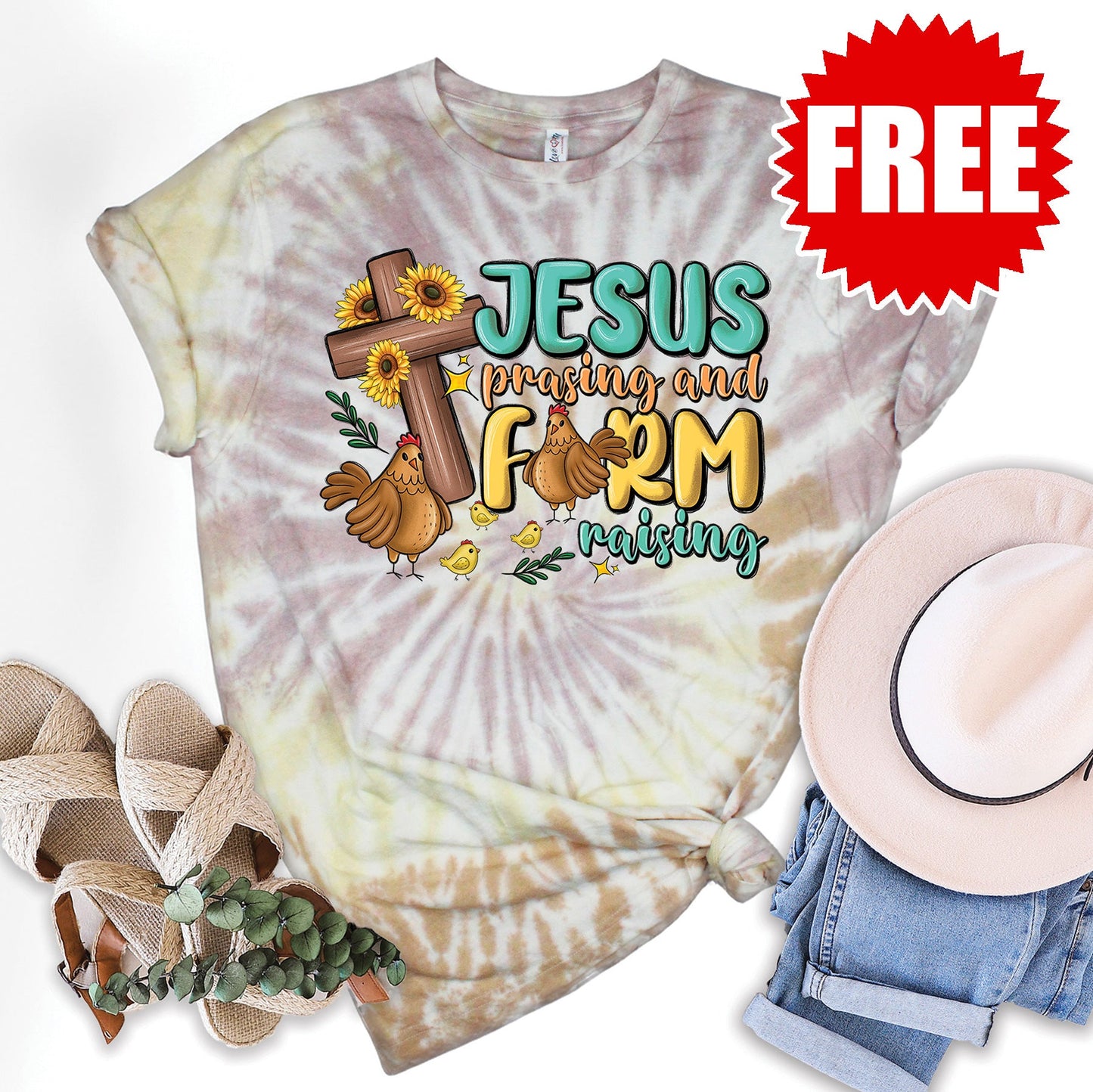 Jesus Praising Farm Raising Tee - Tie Dye Canyon - 0
