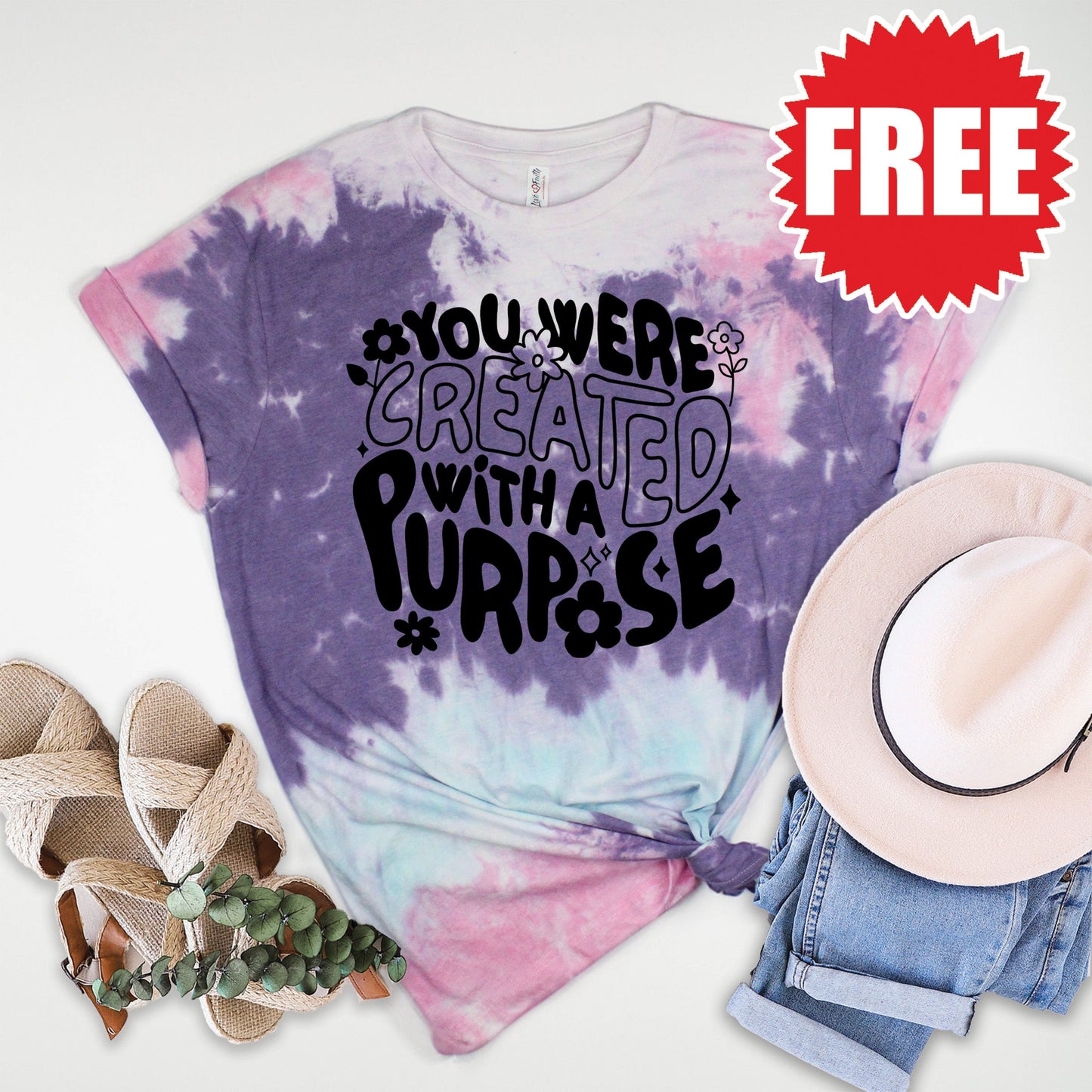 Your Were Created With A Purpose Tee - Cotton Candy Tie Dye - 0