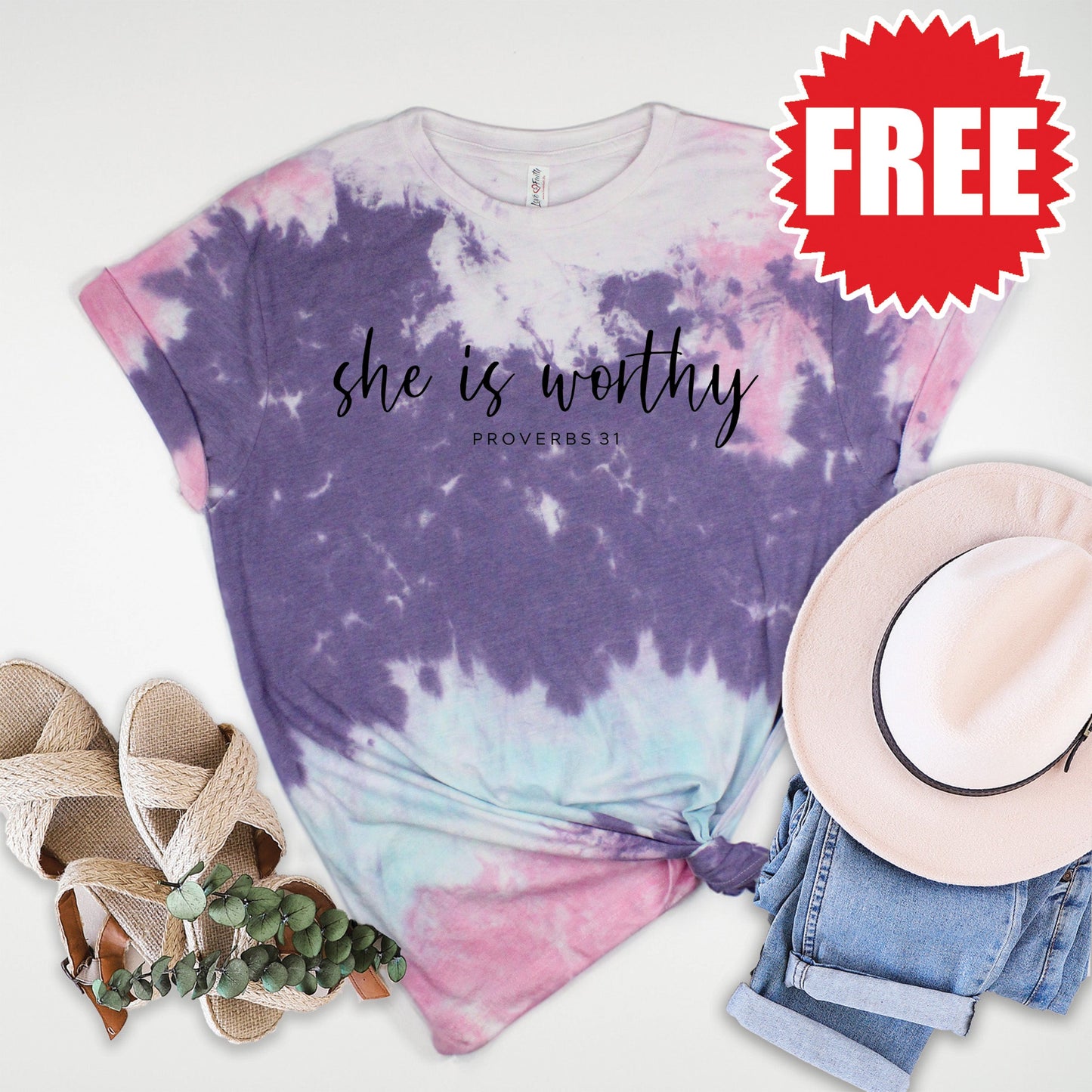 She Is Worthy Tee - Cotton Candy Tie Dye - 0