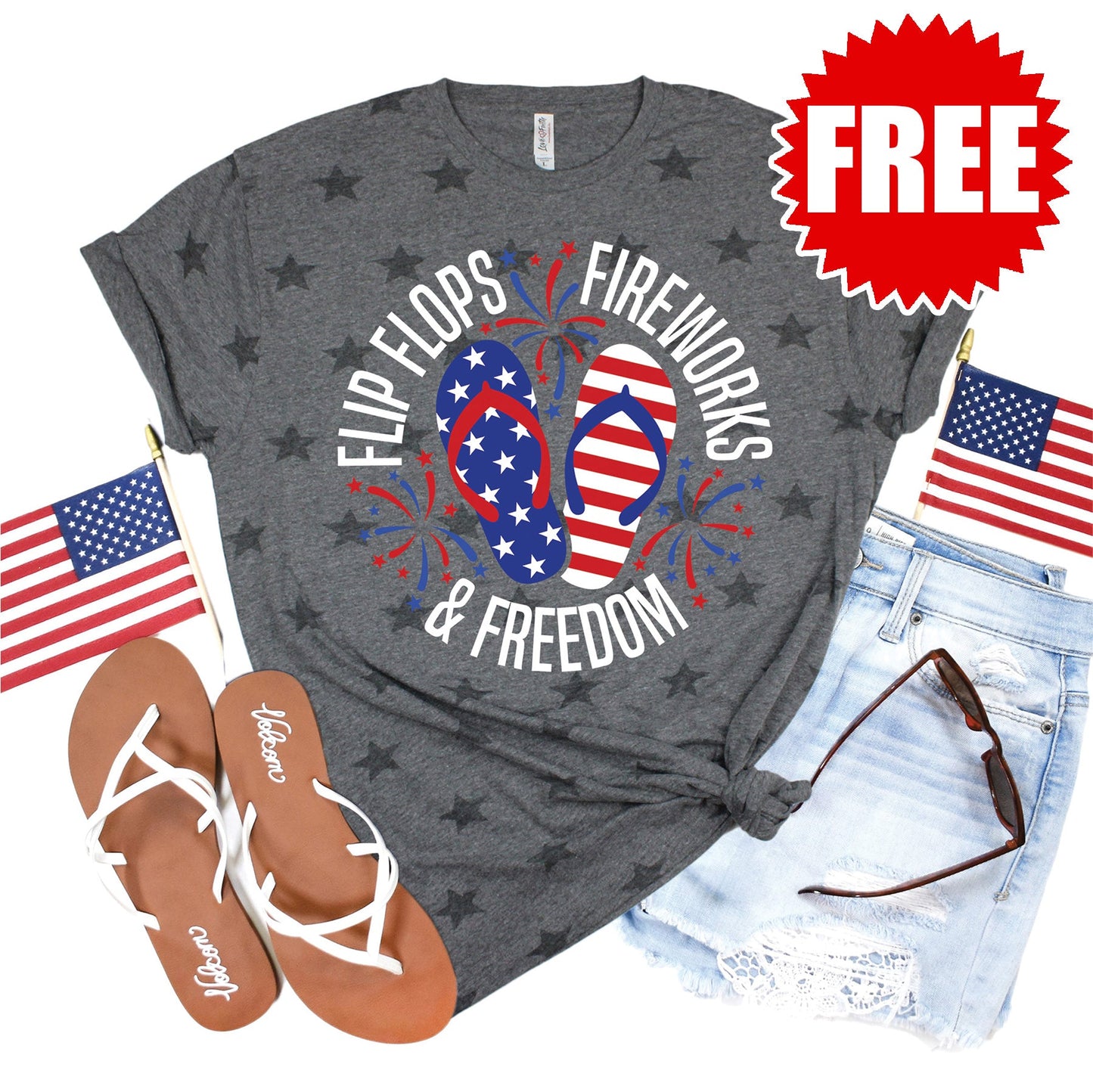 Flip Flops Fireworks Freedom Tee - Grey Star Print - 0