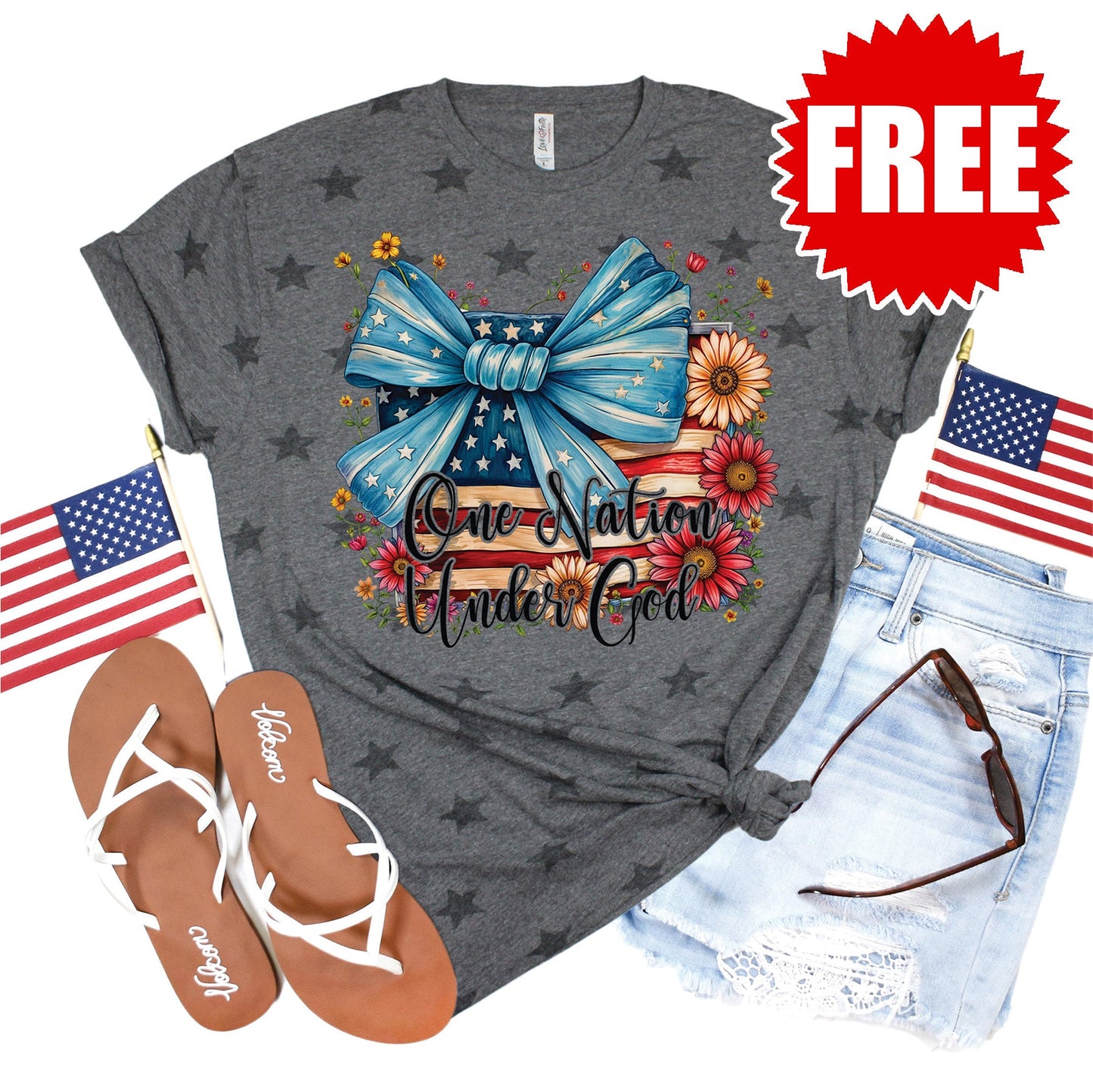 One Nation Under God Ribbon Tee - Grey Star Print - 0