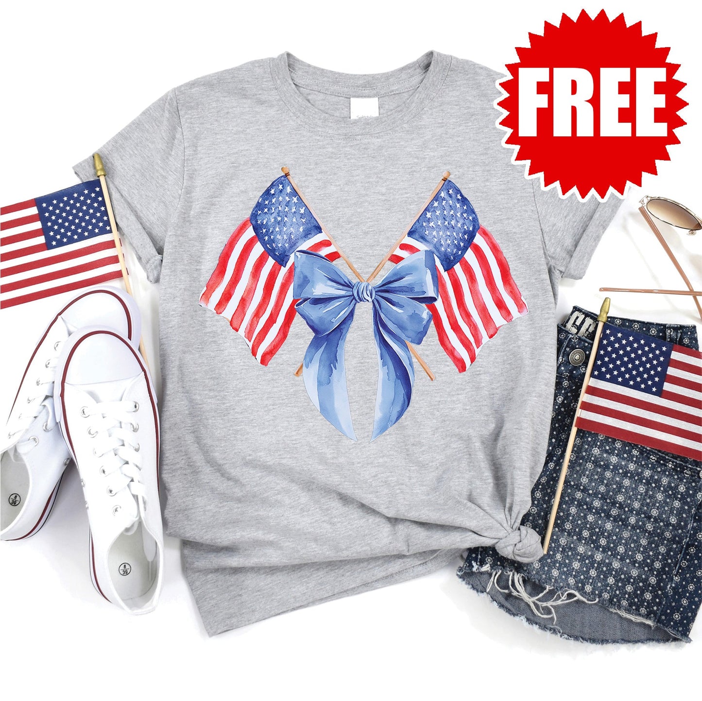 USA Flag Bow Tee - Heather Grey - FREE