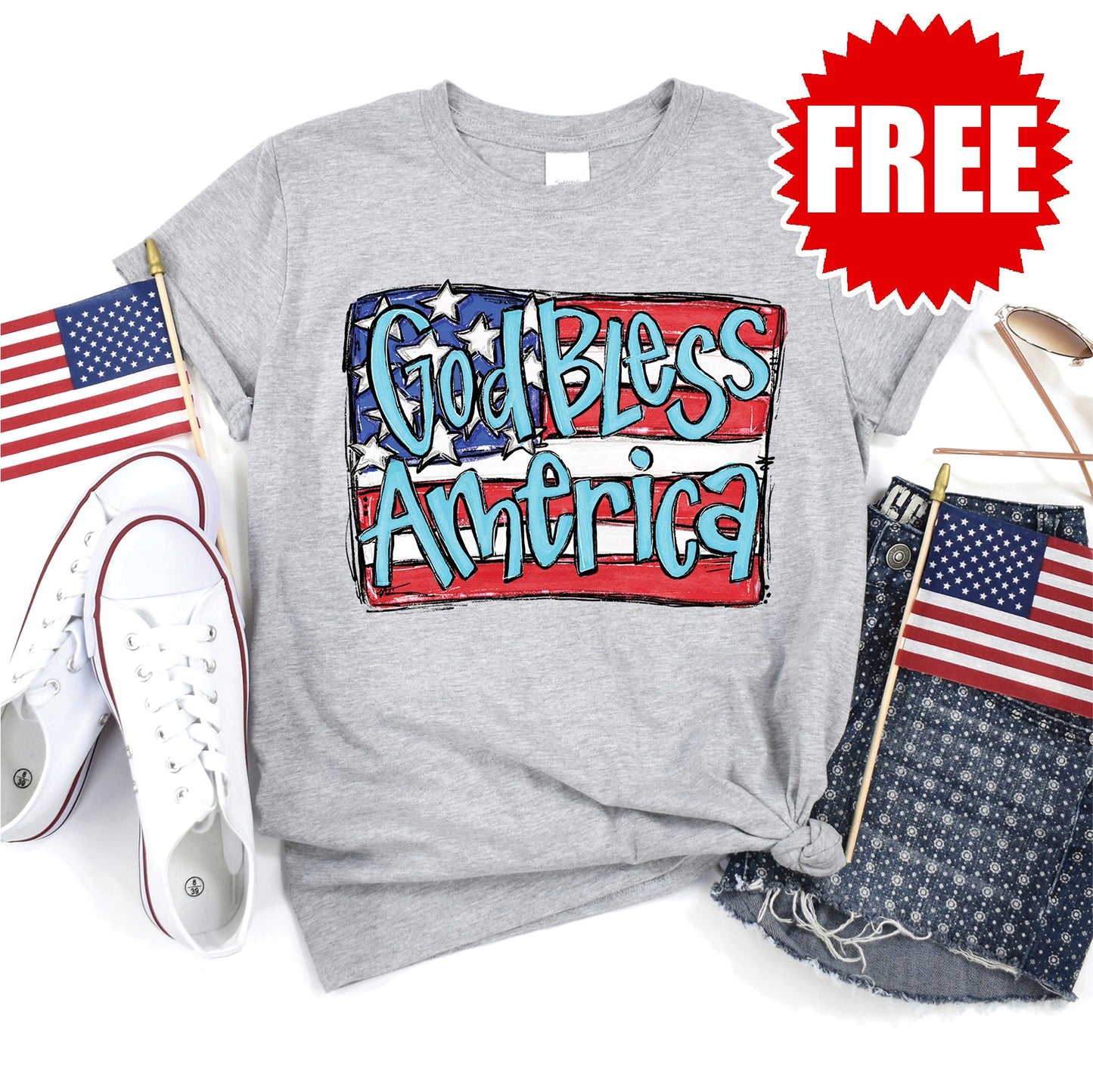 God Bless America Flag Tee - Heather Grey - 0