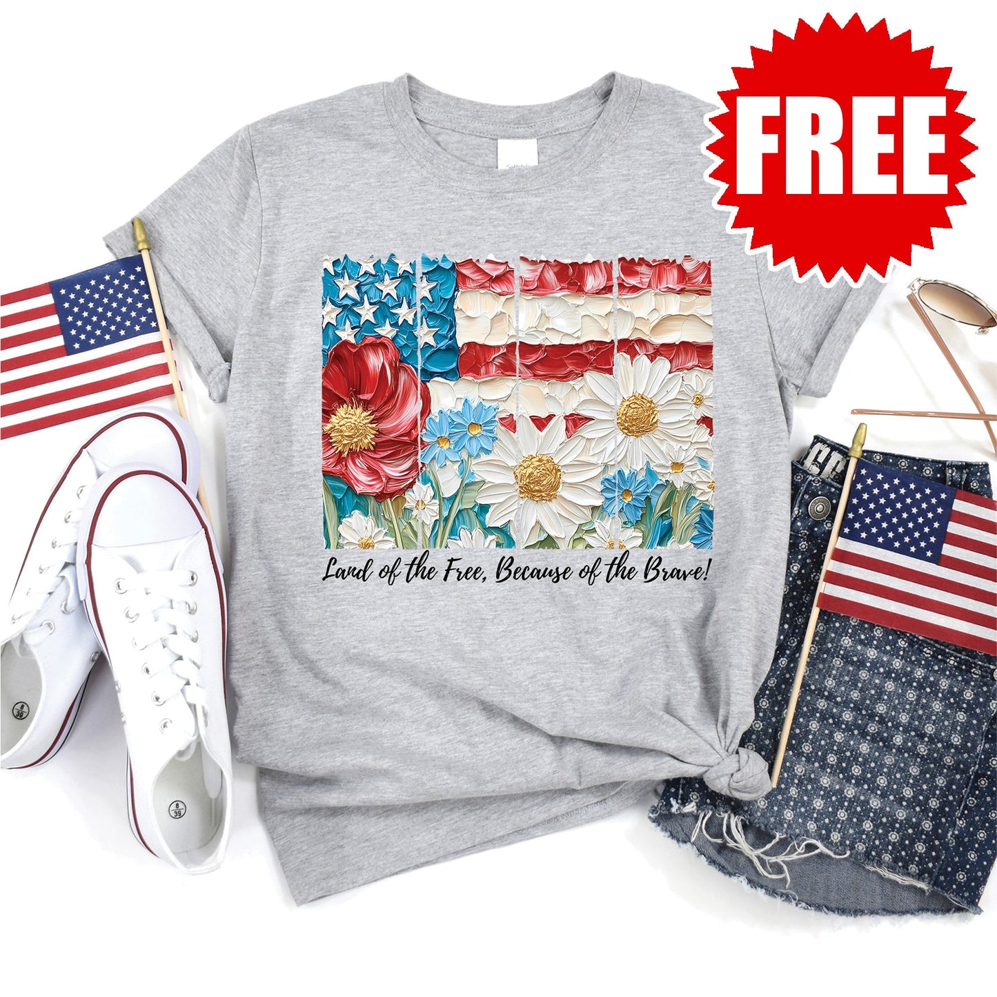 Land Of The Free Floral Tee - Heather Grey - 0