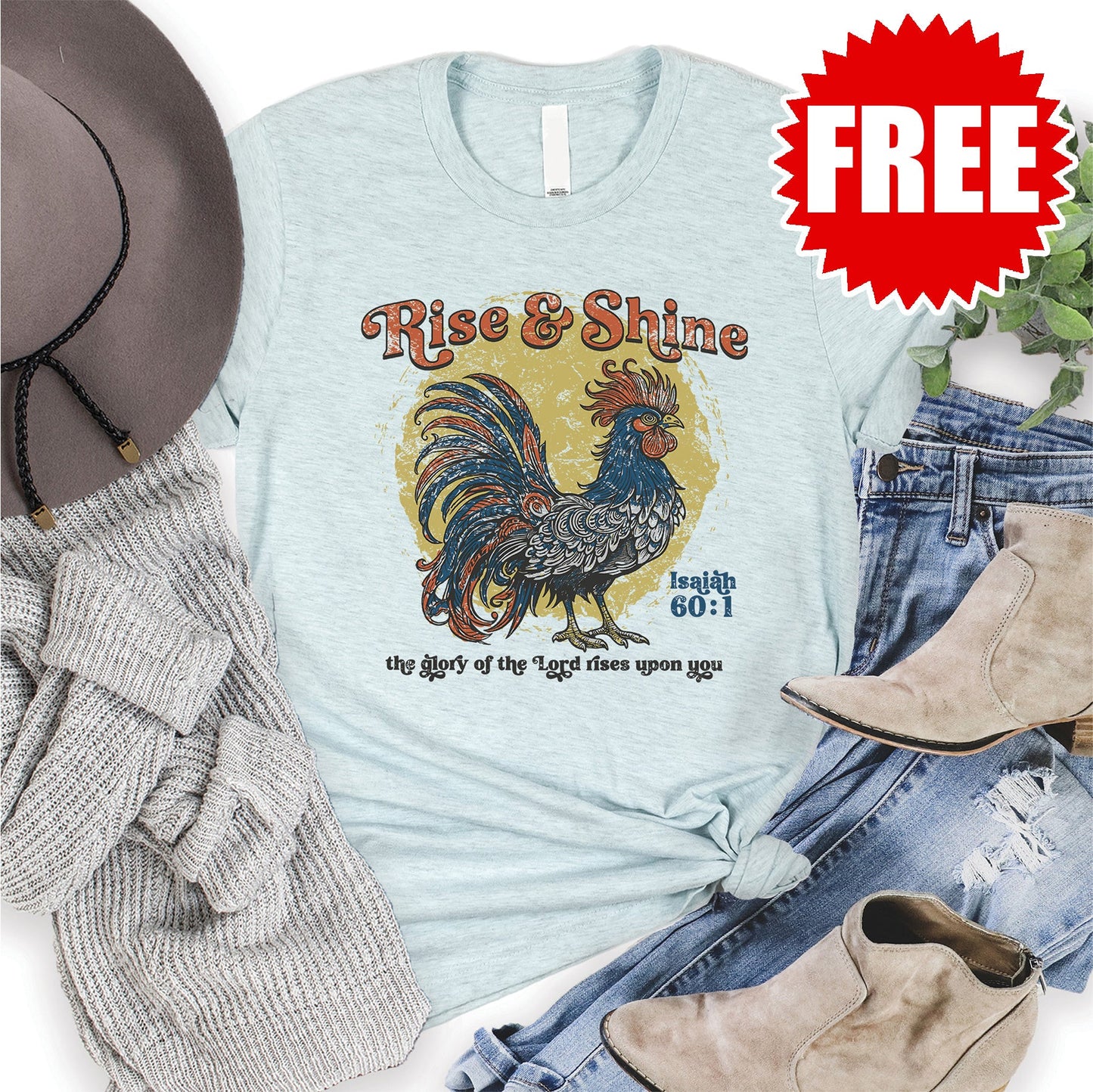 Rise & Shine Rooster Tee - Heather Ice Blue - 0