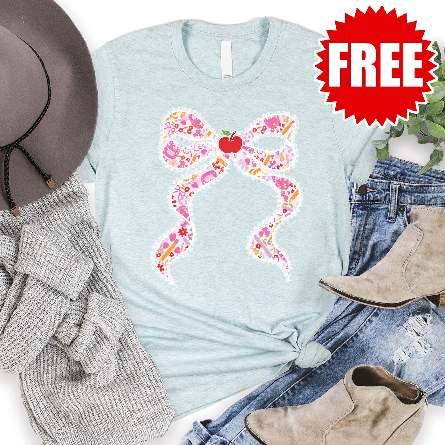 Pink Bow Tee - Heather Ice Blue - 0