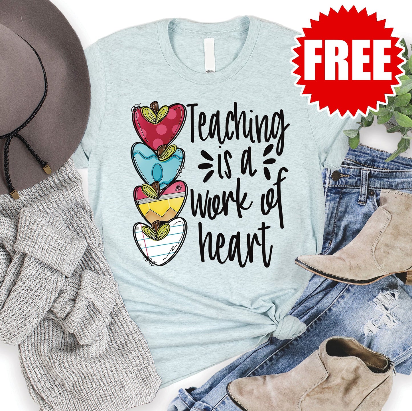 Teaching is a Work of Heart Tee - Heather Ice Blue - 0