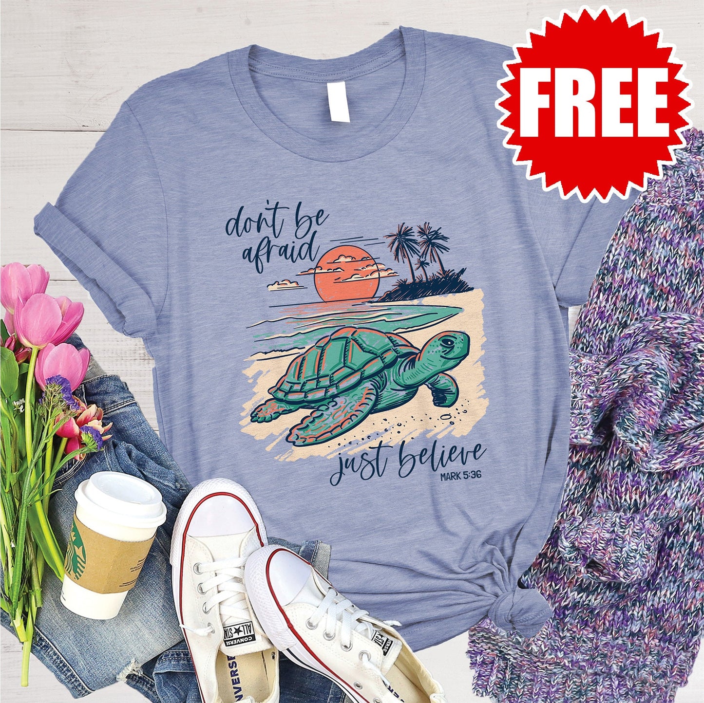 Believe Turtle Tee - Heather Lavender Blue - 0
