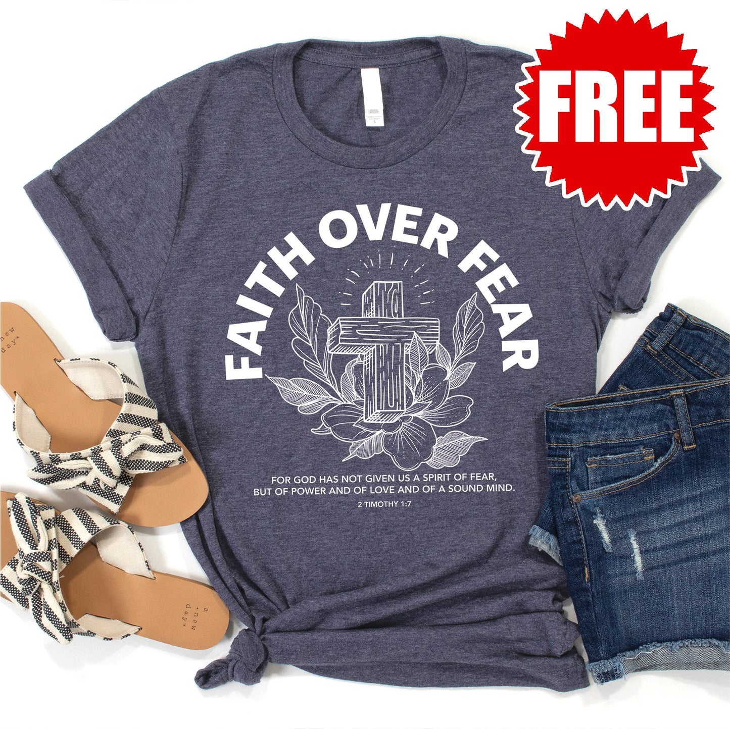 Faith Over Fear Tee - Heather Blue Onyx - 0