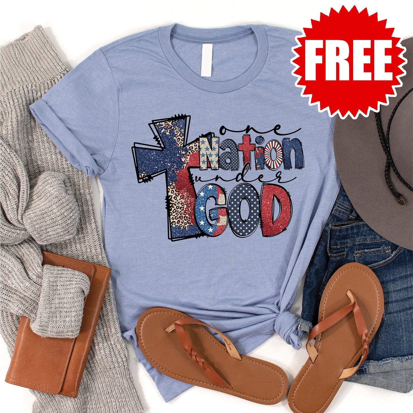 One Nation Cross Tee - Heather Blue - 0
