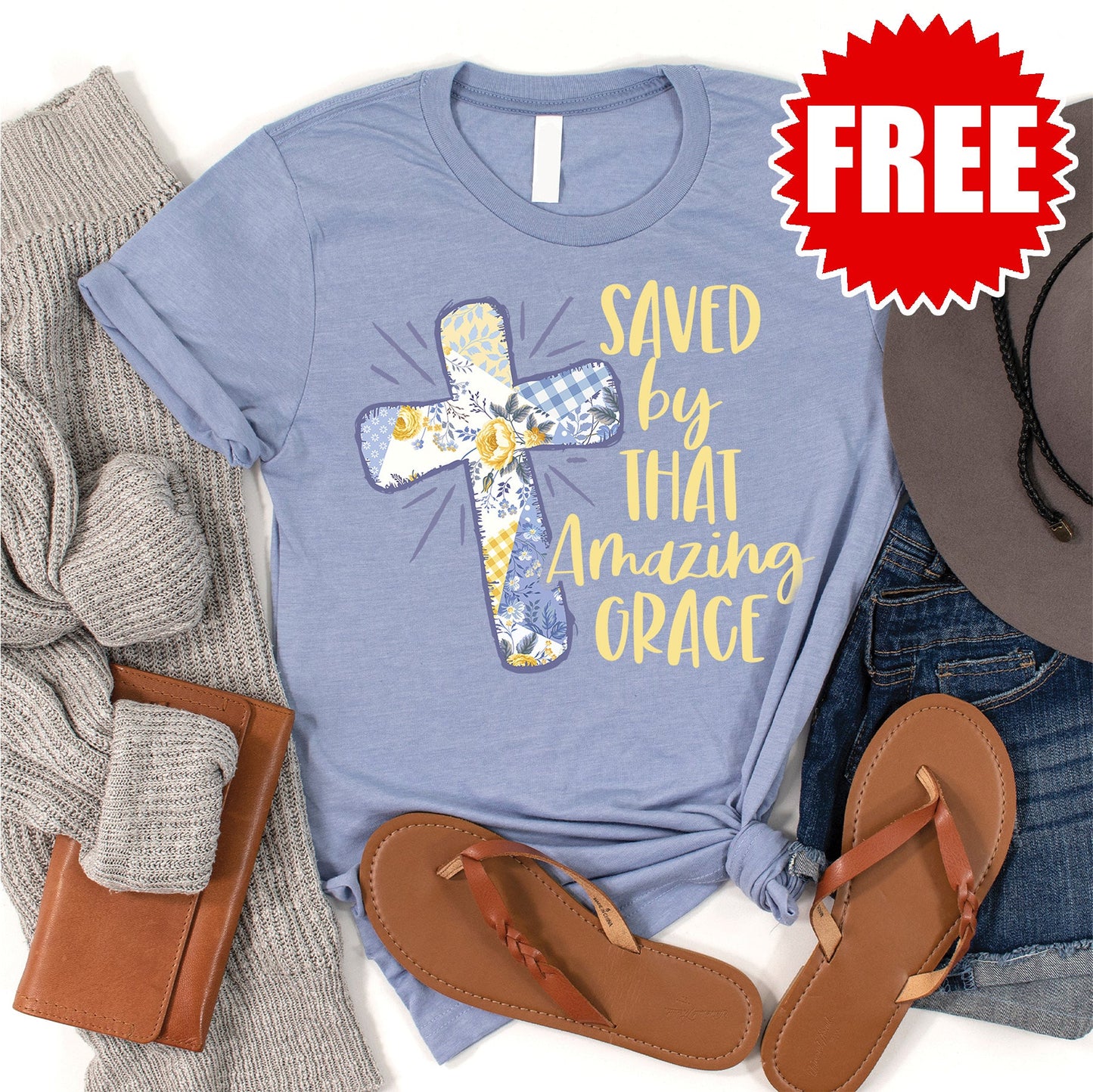 Saved By Amazing Grace Tee - Heather Blue - 0