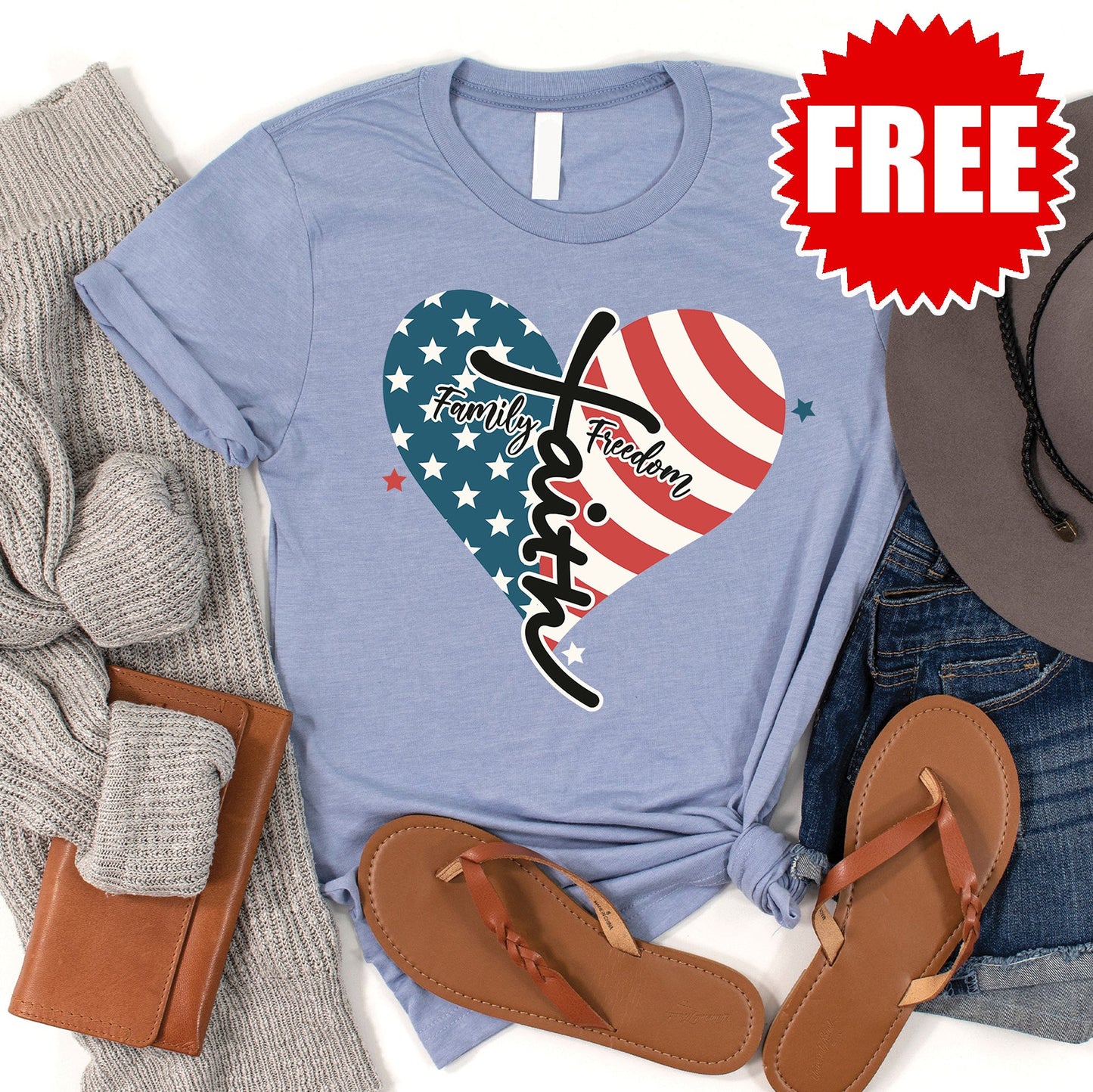 Faith Family Freedom USA Tee - Heather Blue - 0