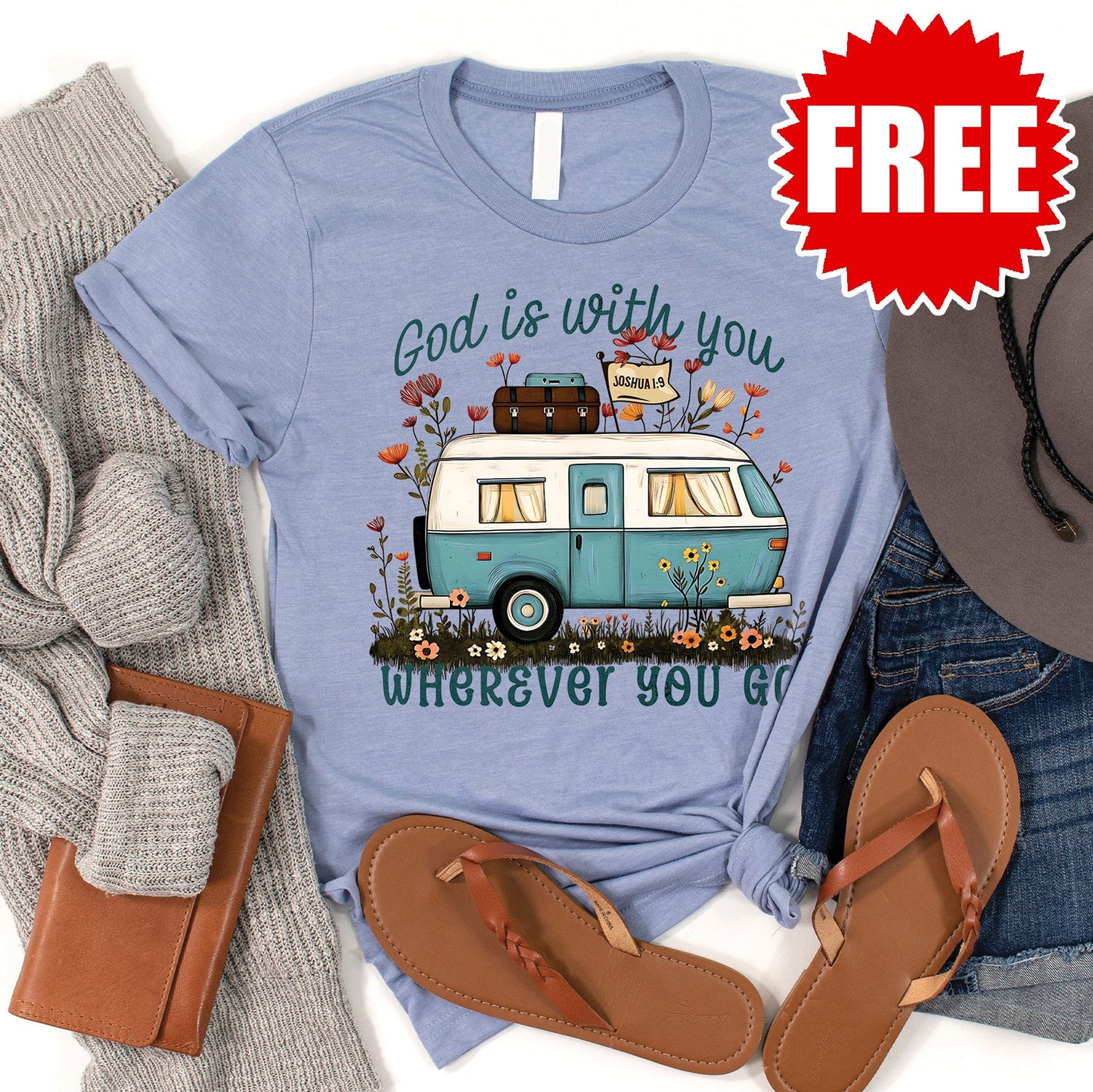 God is with you Camper Tee - Heather Blue - 0