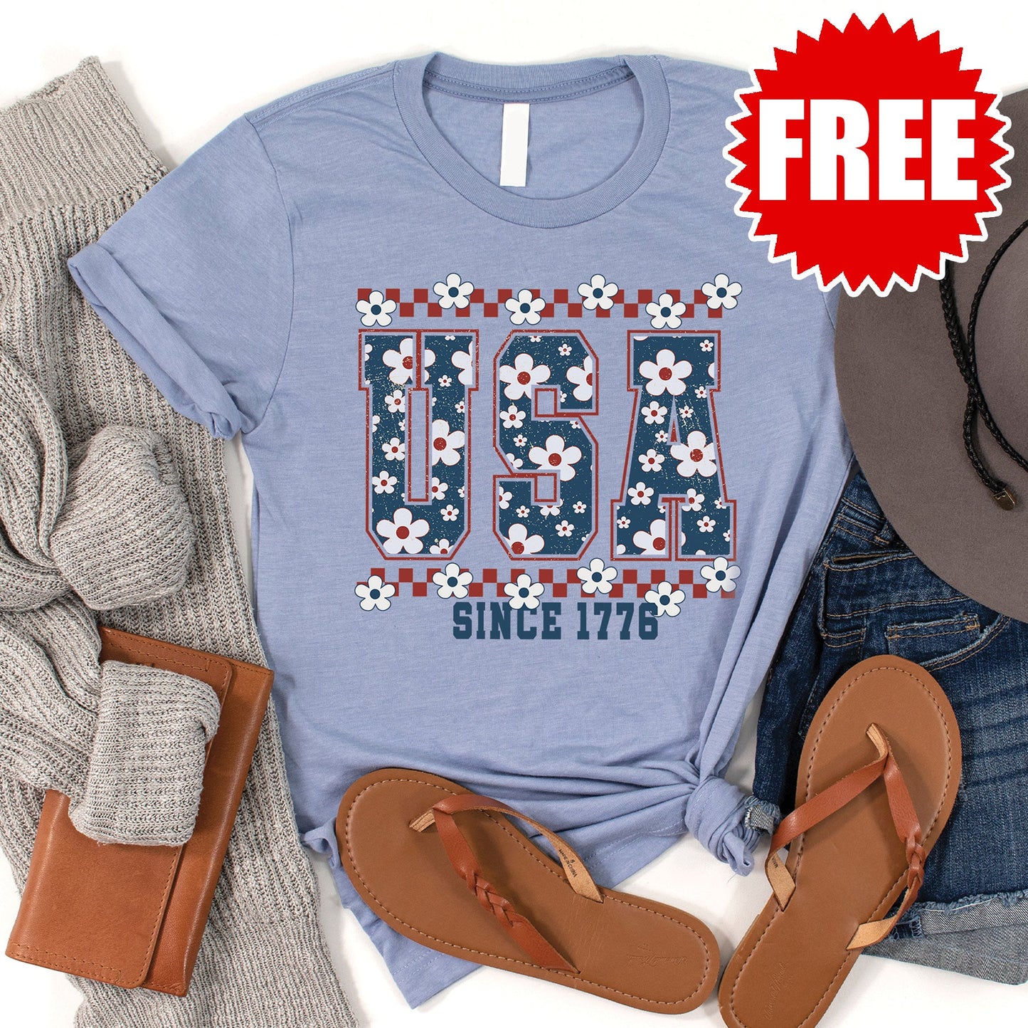 USA Varsity Floral Tee - Heather Blue - 0