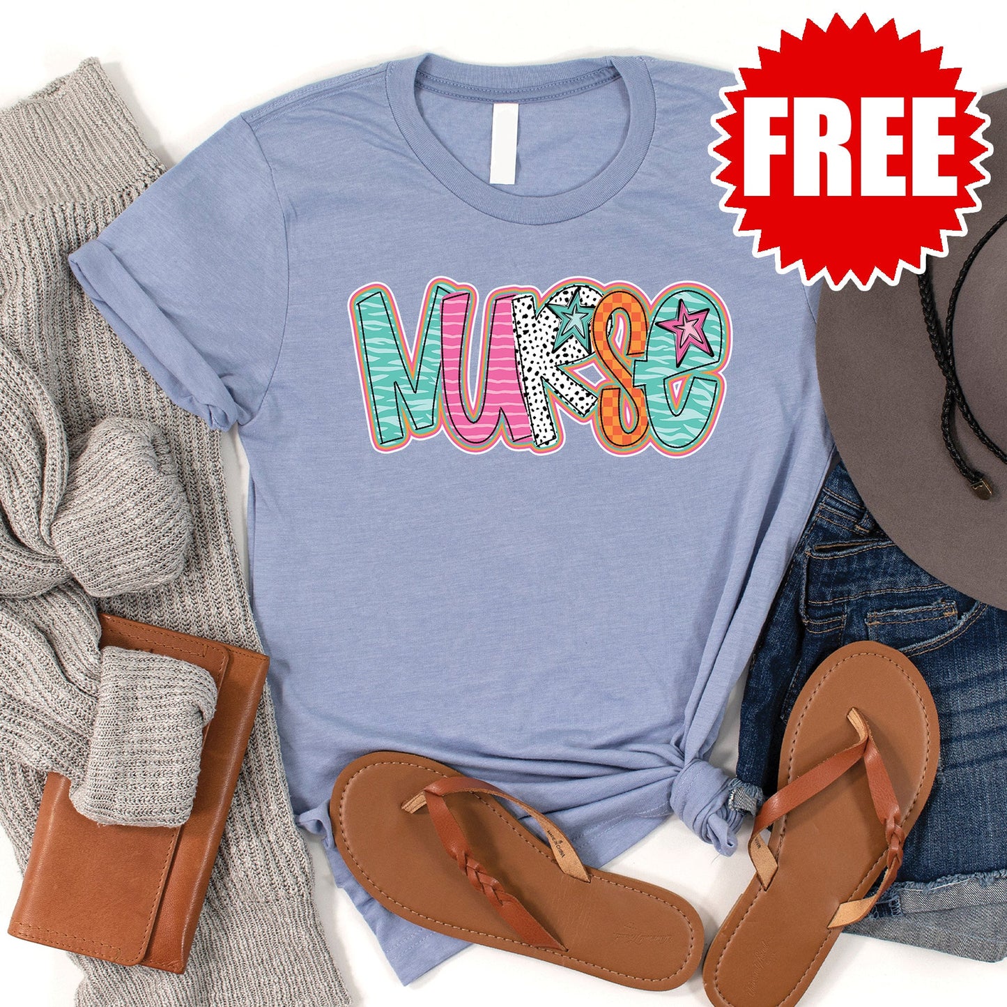 Nurse Stars Tee - Heather Blue - FREE