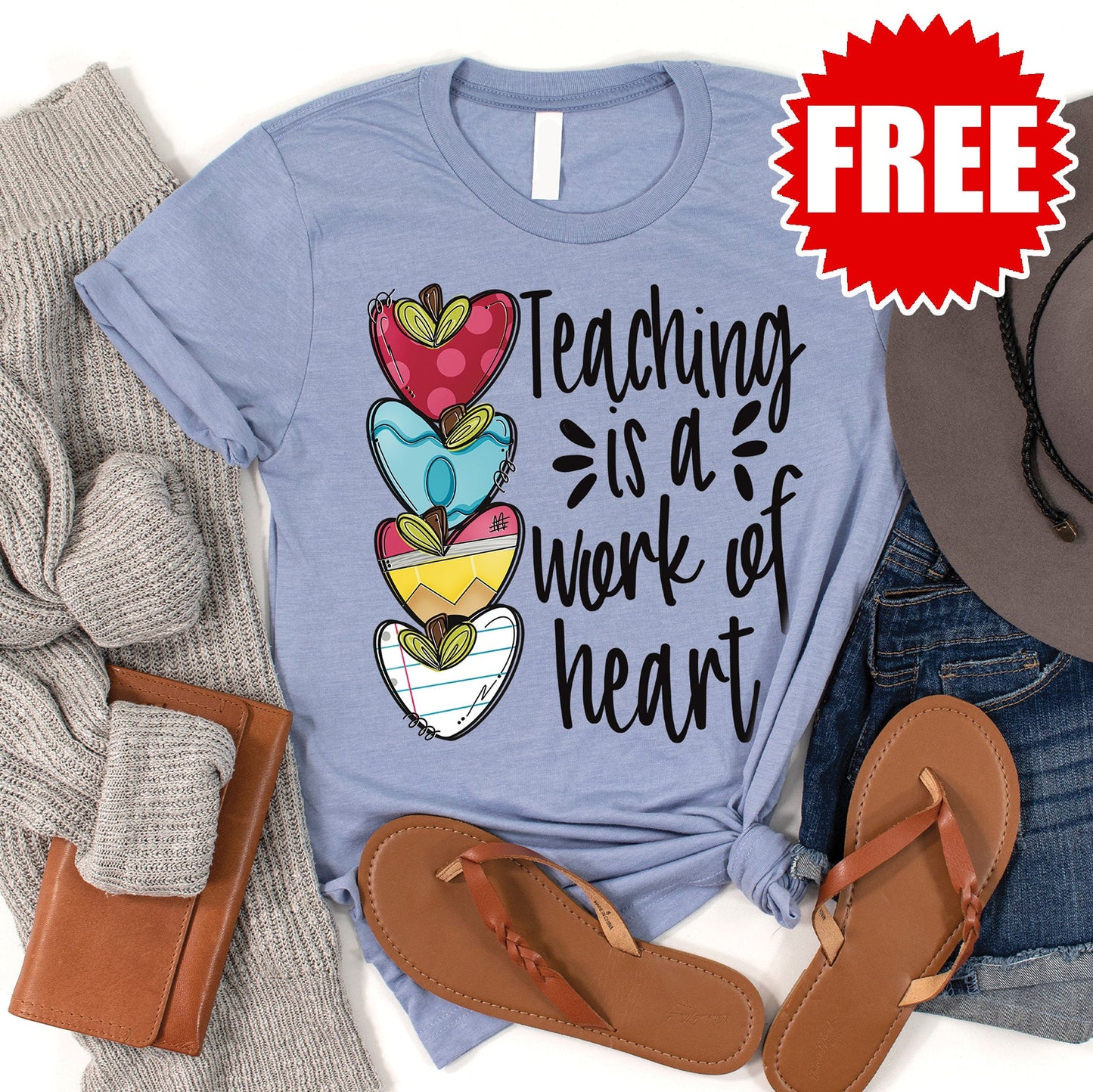 Teaching is a Work of Heart Tee - Heather Blue - 0