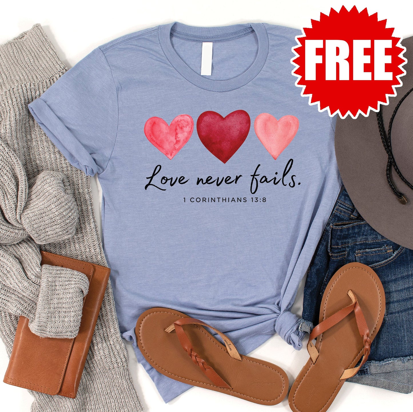 Love Never Fails Tee - Heather Blue - FREE