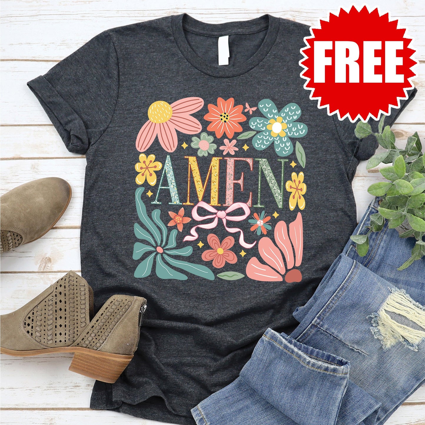 Floral Amen Tee - Heather Charcoal - 0
