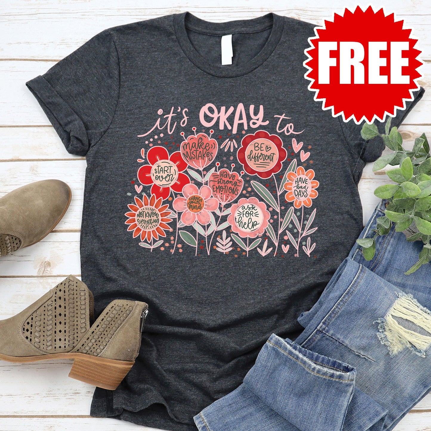 It's Okay Tee - Heather Charcoal - FREE