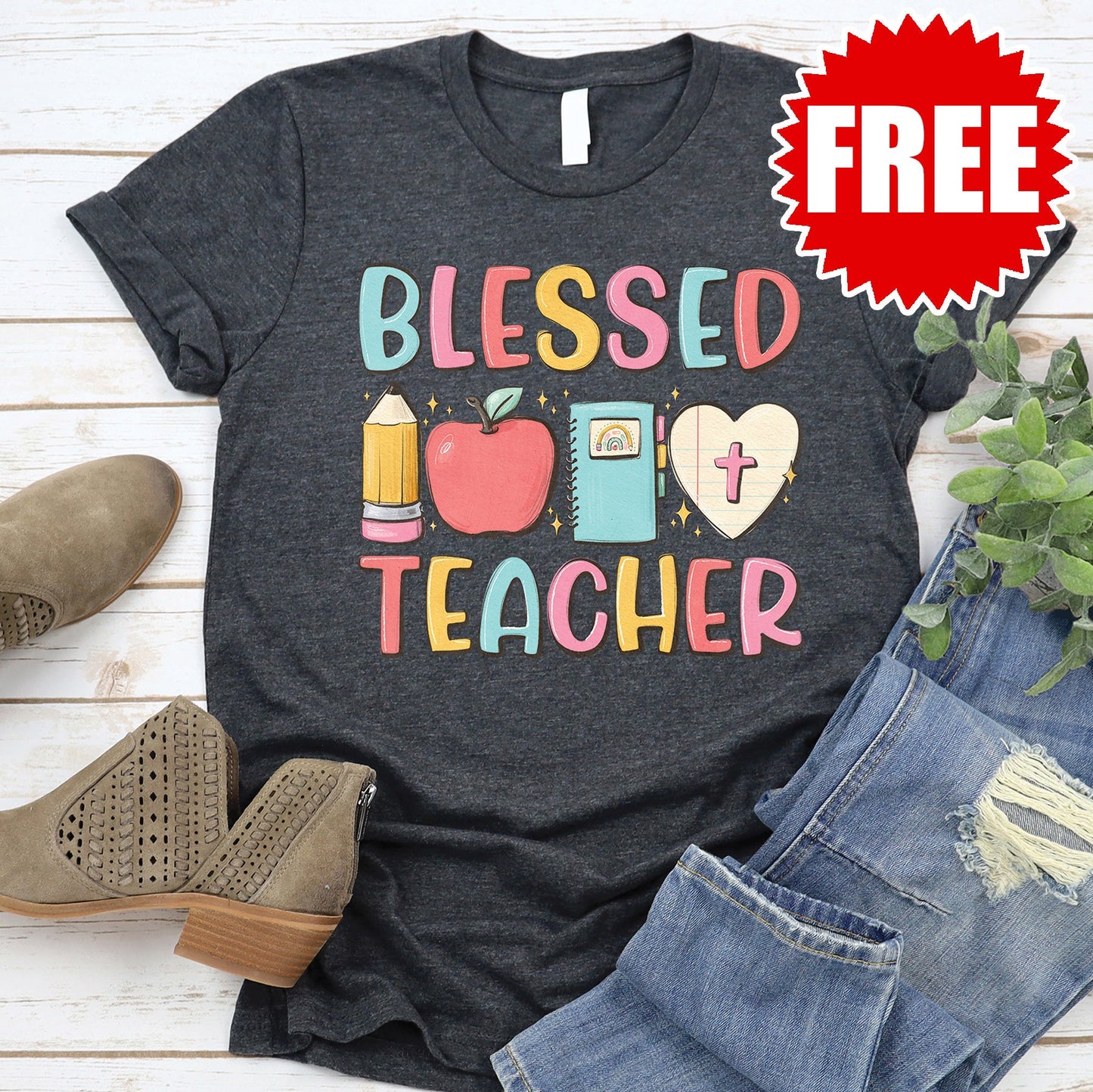 Blessed Teacher Tee - Heather Charcoal - 0