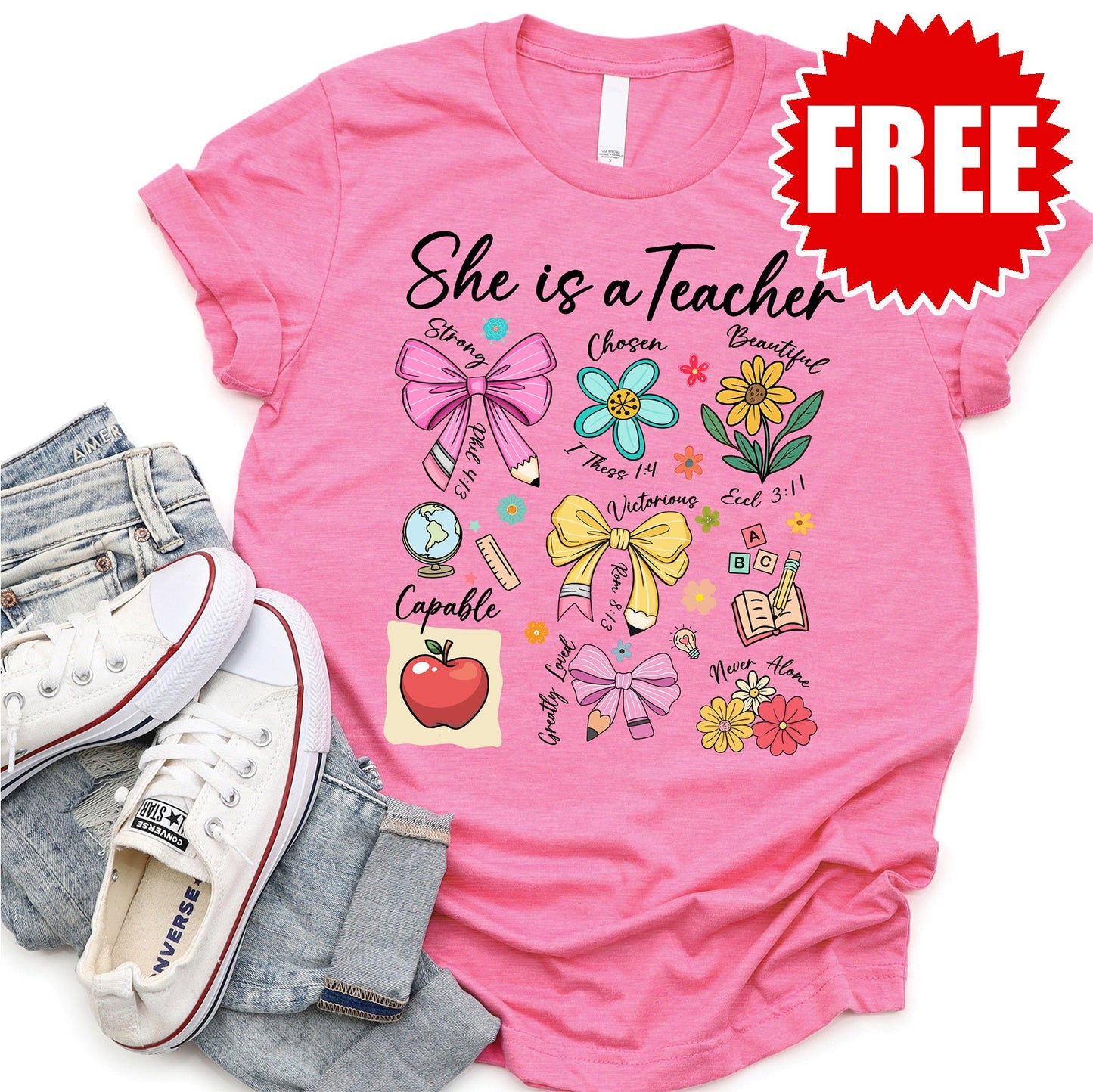 She Is Teacher Tee - Heather Charity Pink - 0